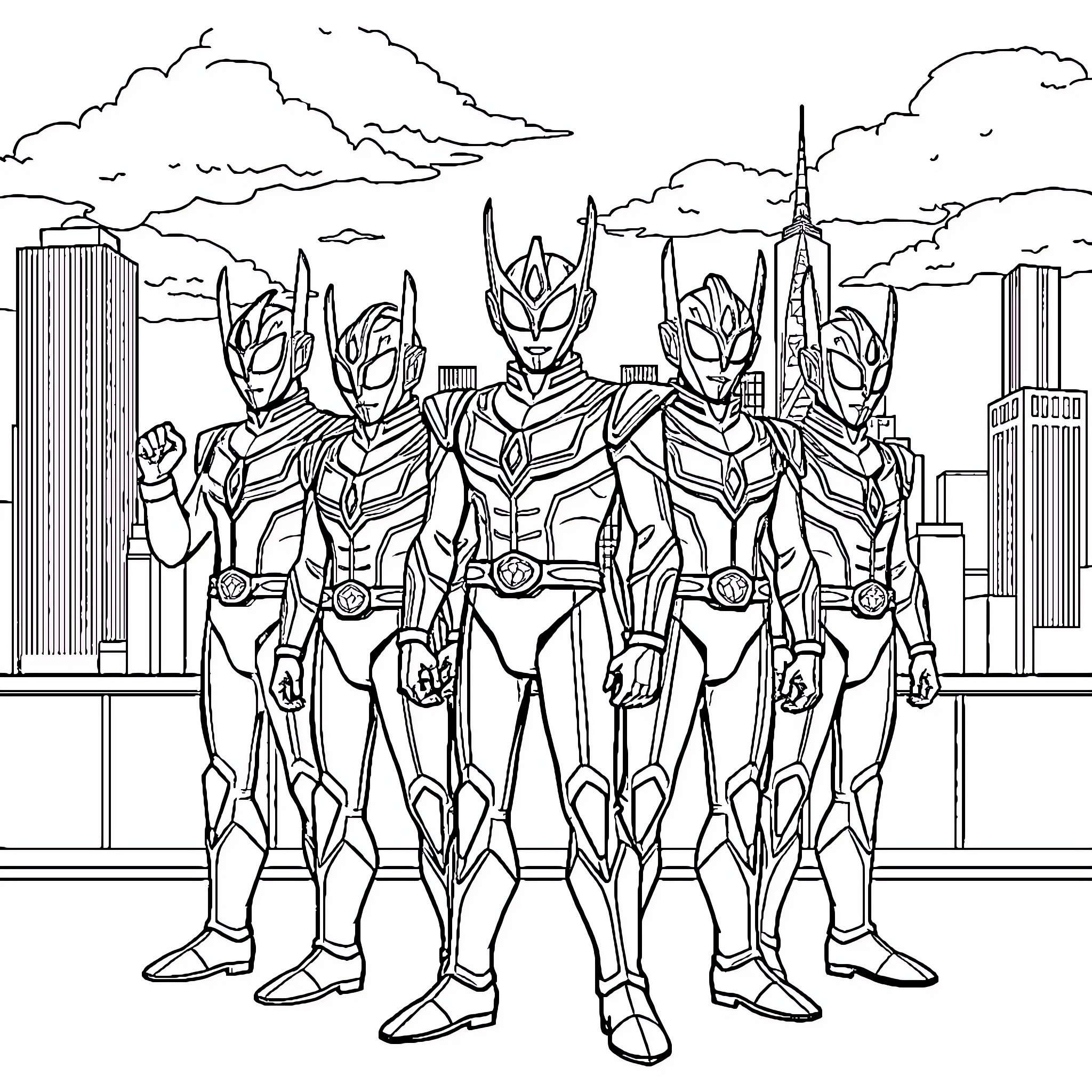 Ultraman heroes unite in the city Coloring Page (free black-and-white line drawing printable PDF for all, from beginners to advanced learners, including children, teens, adults, and seniors)