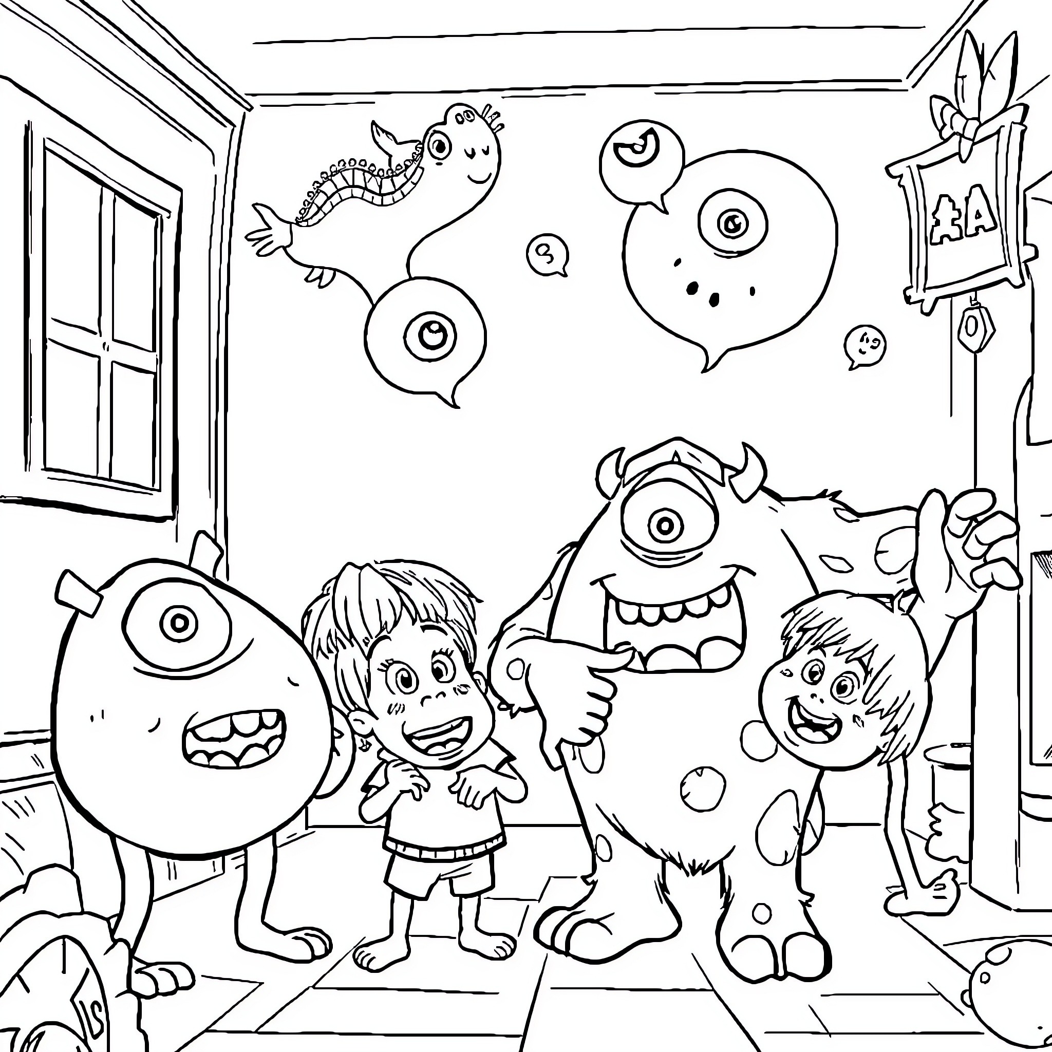 Monster kids' playful adventure in a wacky room Coloring Page (free black-and-white line drawing printable PDF for all, from beginners to advanced learners, including children, teens, adults, and seniors)