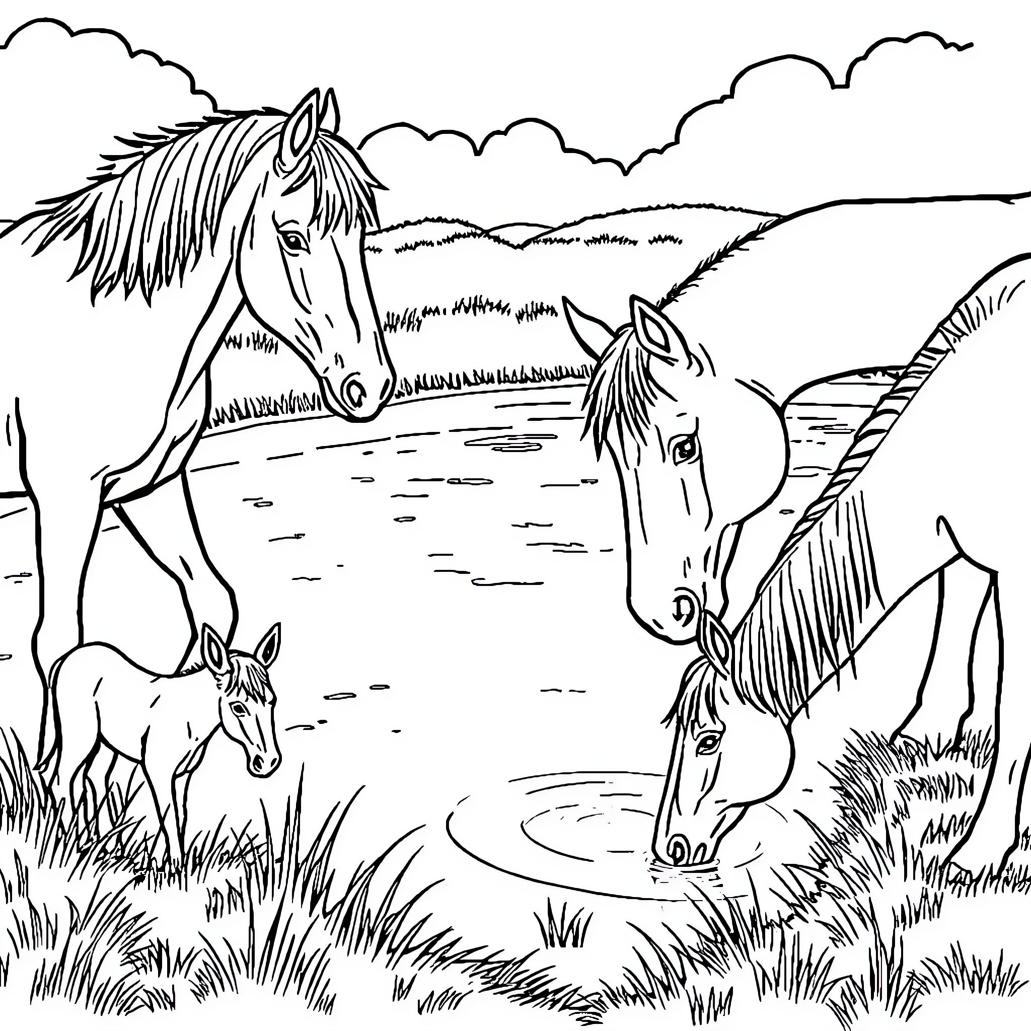 Horse family grazing peacefully in scenic countryside Coloring Page (free black-and-white line drawing printable PDF for all, from beginners to advanced learners, including children, teens, adults, and seniors)