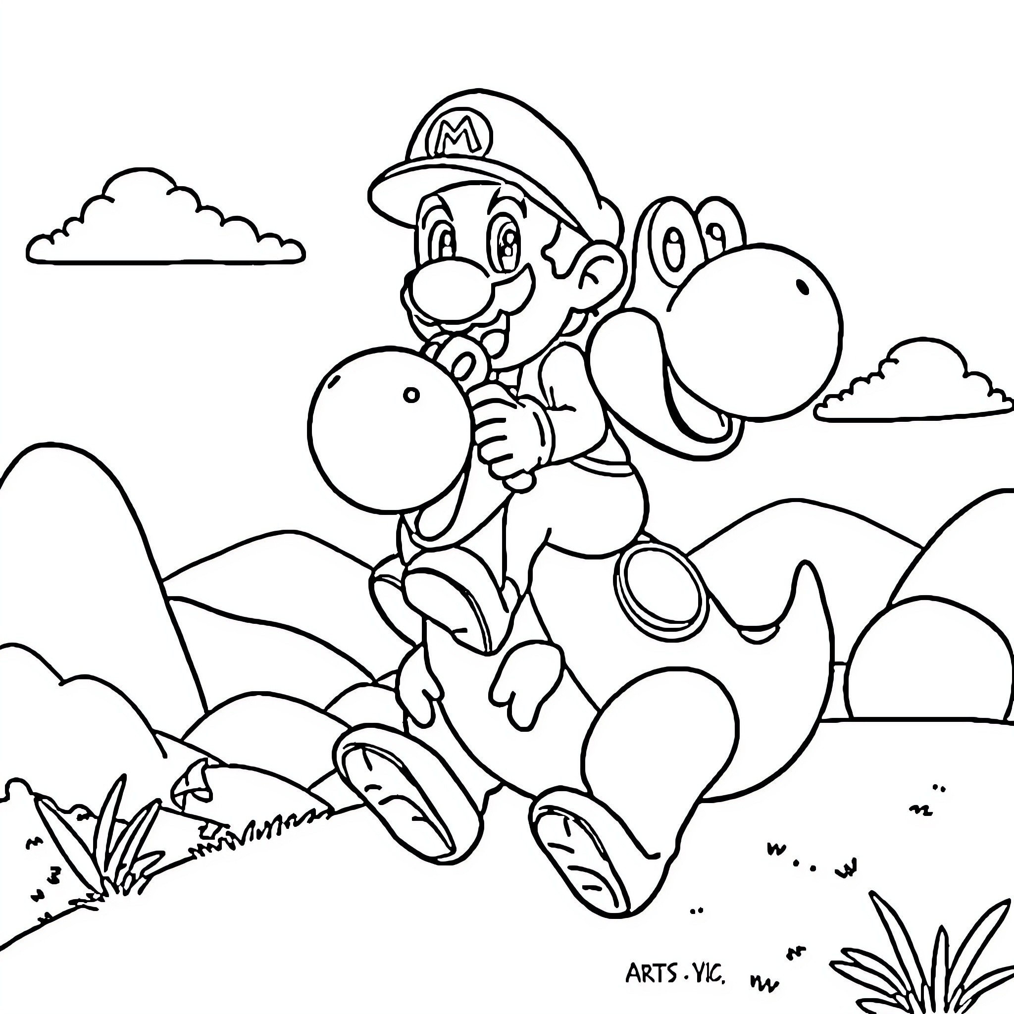 Mario's Adventure in the Mountainous Landscape Coloring Page (free black-and-white line drawing printable PDF for all, from beginners to advanced learners, including children, teens, adults, and seniors)