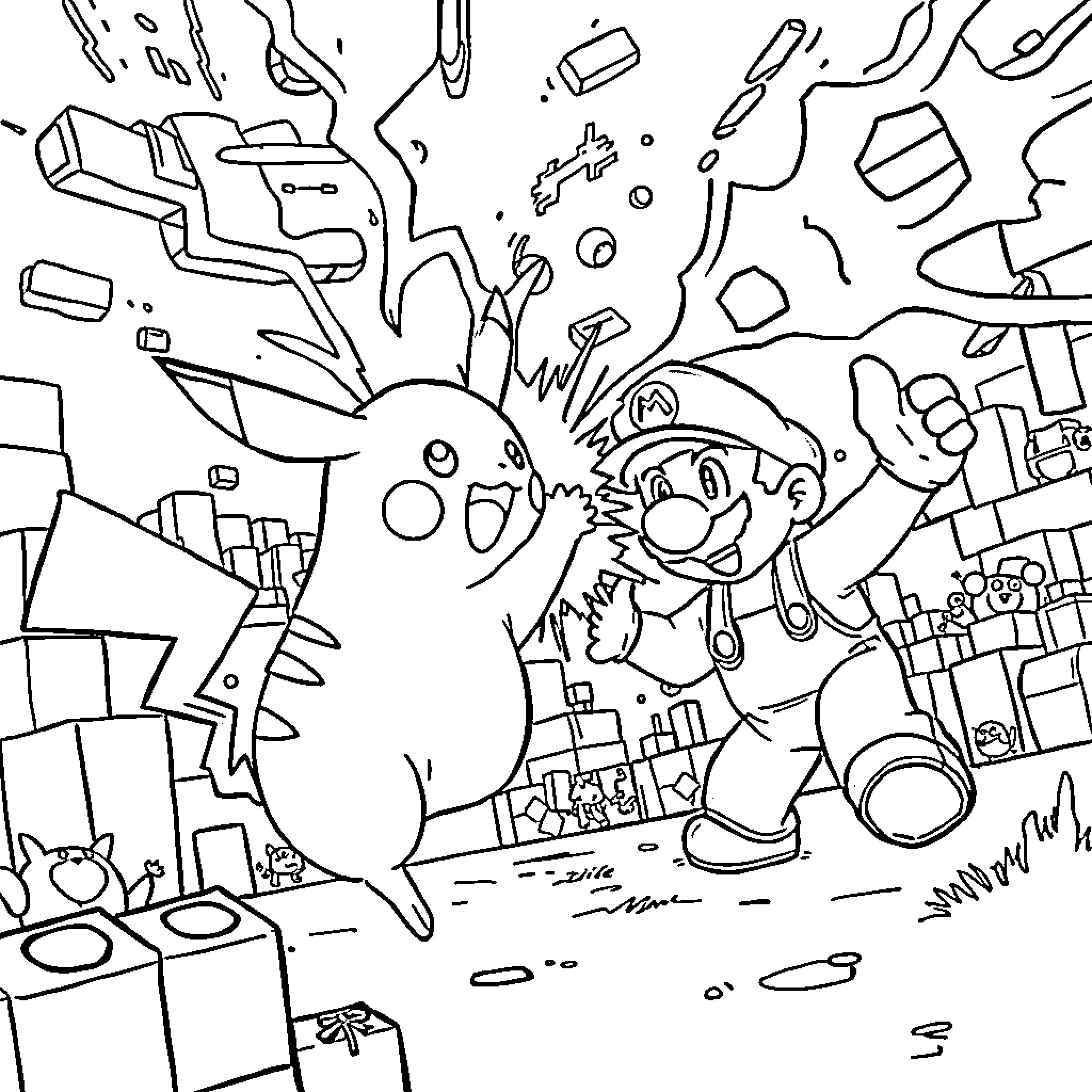 Pikachu and Mario in a chaotic adventure Coloring Page (free black-and-white line drawing printable PDF for all, from beginners to advanced learners, including children, teens, adults, and seniors)