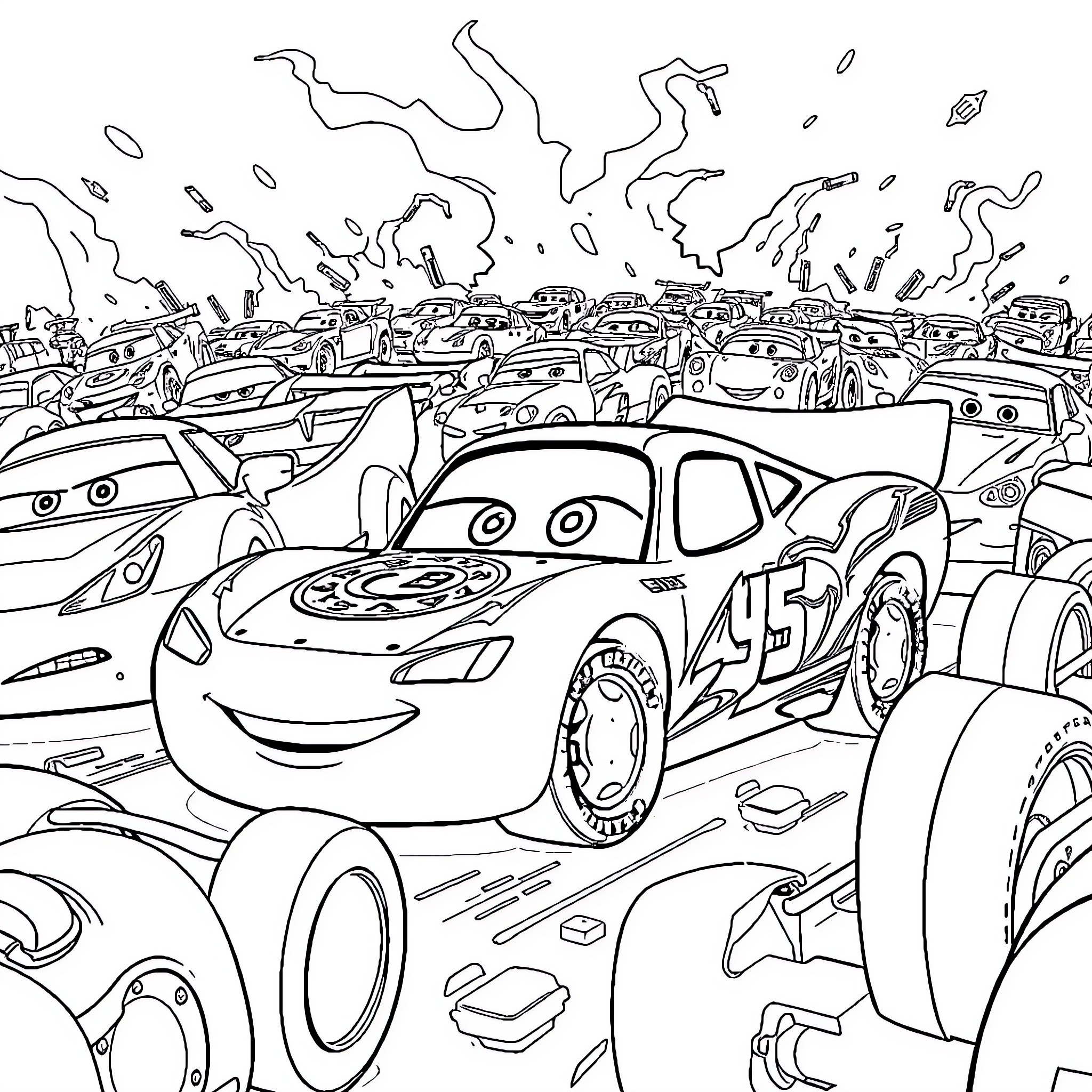 Flash McQueen in a race against other animated cars Coloring Page (free black-and-white line drawing printable PDF for all, from beginners to advanced learners, including children, teens, adults, and seniors)