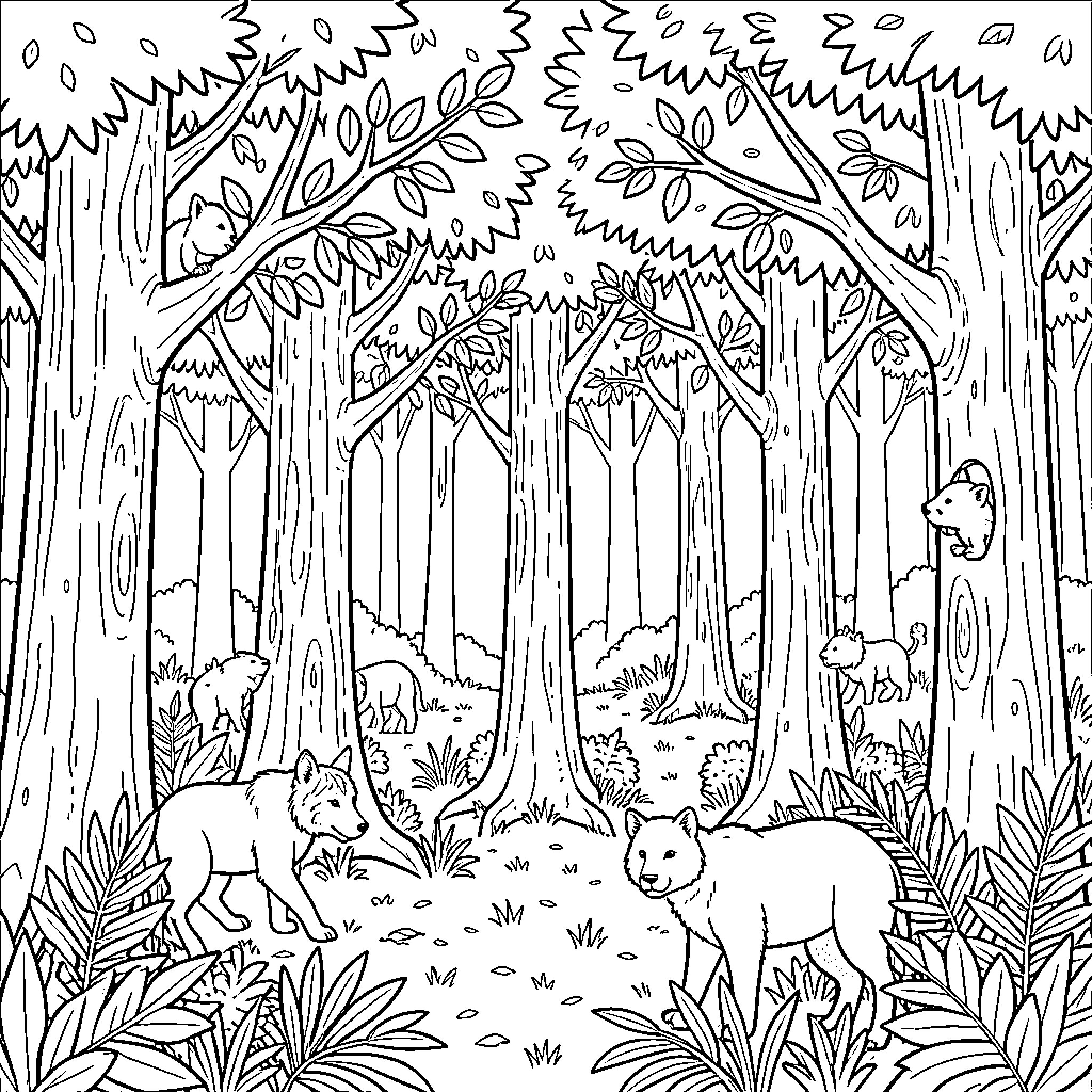 Animal scene in a dense forest Coloring Page (free black-and-white line drawing printable PDF for all, from beginners to advanced learners, including children, teens, adults, and seniors)