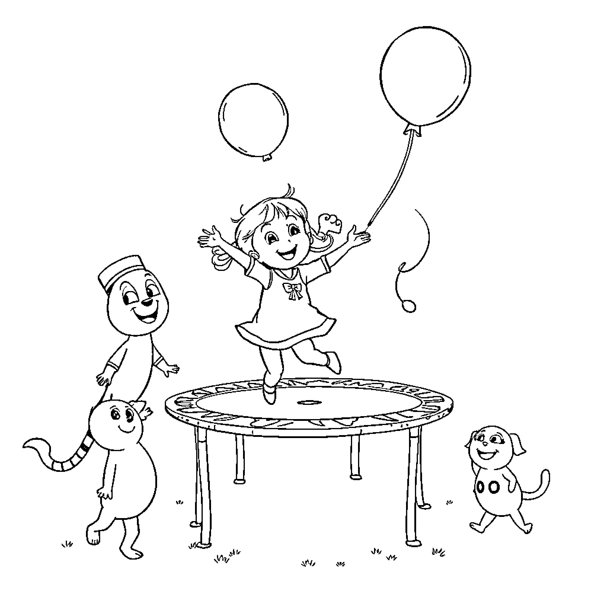 Girl jumping on trampoline with playful creatures Coloring Page (free black-and-white line drawing printable PDF for all, from beginners to advanced learners, including children, teens, adults, and seniors)