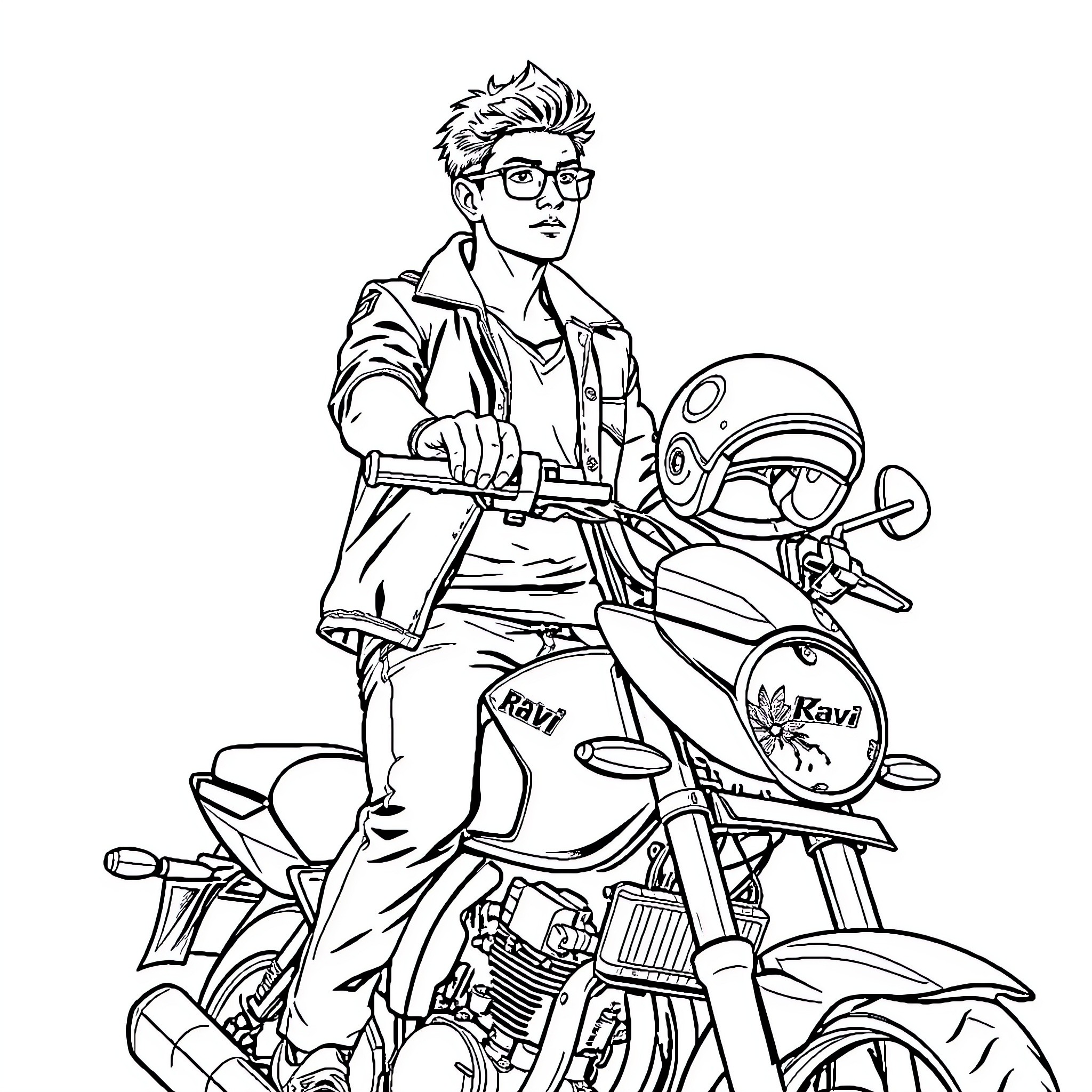 Motorbike rider in stylish outfit on vintage motorcycle Coloring Page (free black-and-white line drawing printable PDF for all, from beginners to advanced learners, including children, teens, adults, and seniors)