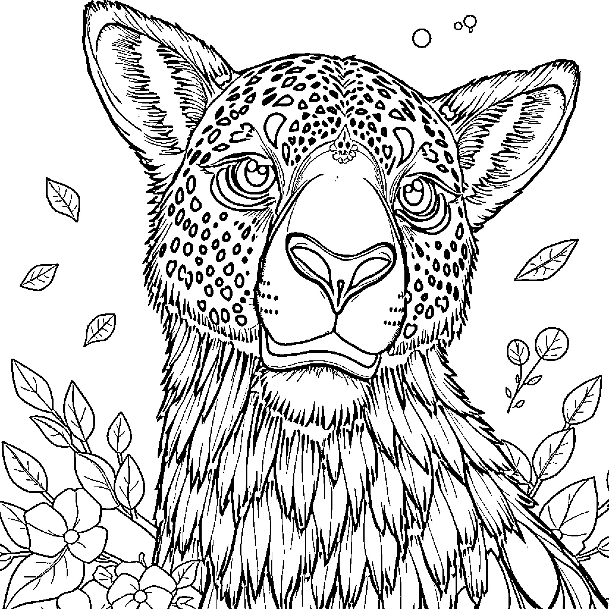 Человек-паук Раскраски: Портрет дикого кота с листьями Coloring Page (free black-and-white line drawing printable PDF for all, from beginners to advanced learners, including children, teens, adults, and seniors)