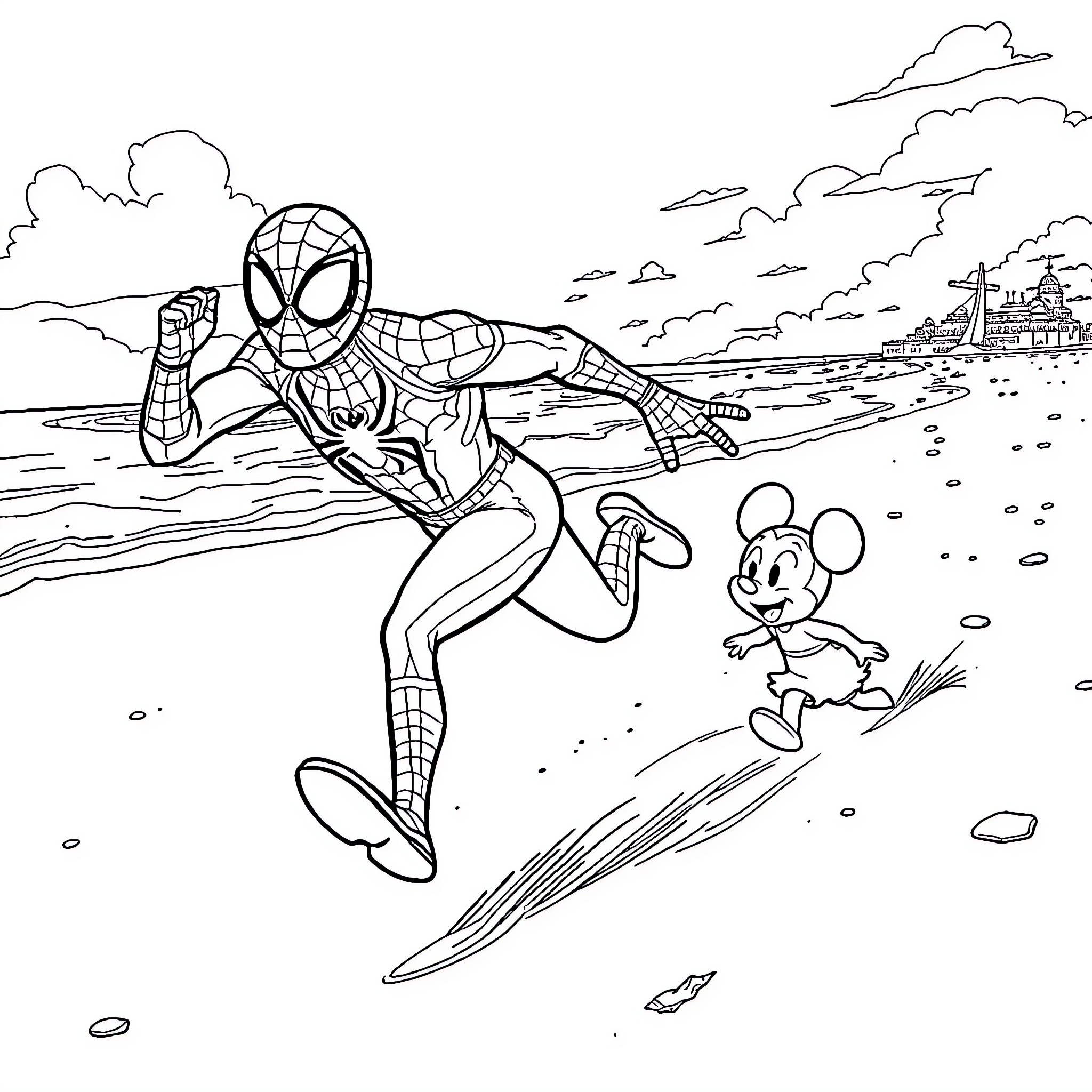 Spider-Man chasing a mischievous mouse on the beach Coloring Page (free black-and-white line drawing printable PDF for all, from beginners to advanced learners, including children, teens, adults, and seniors)