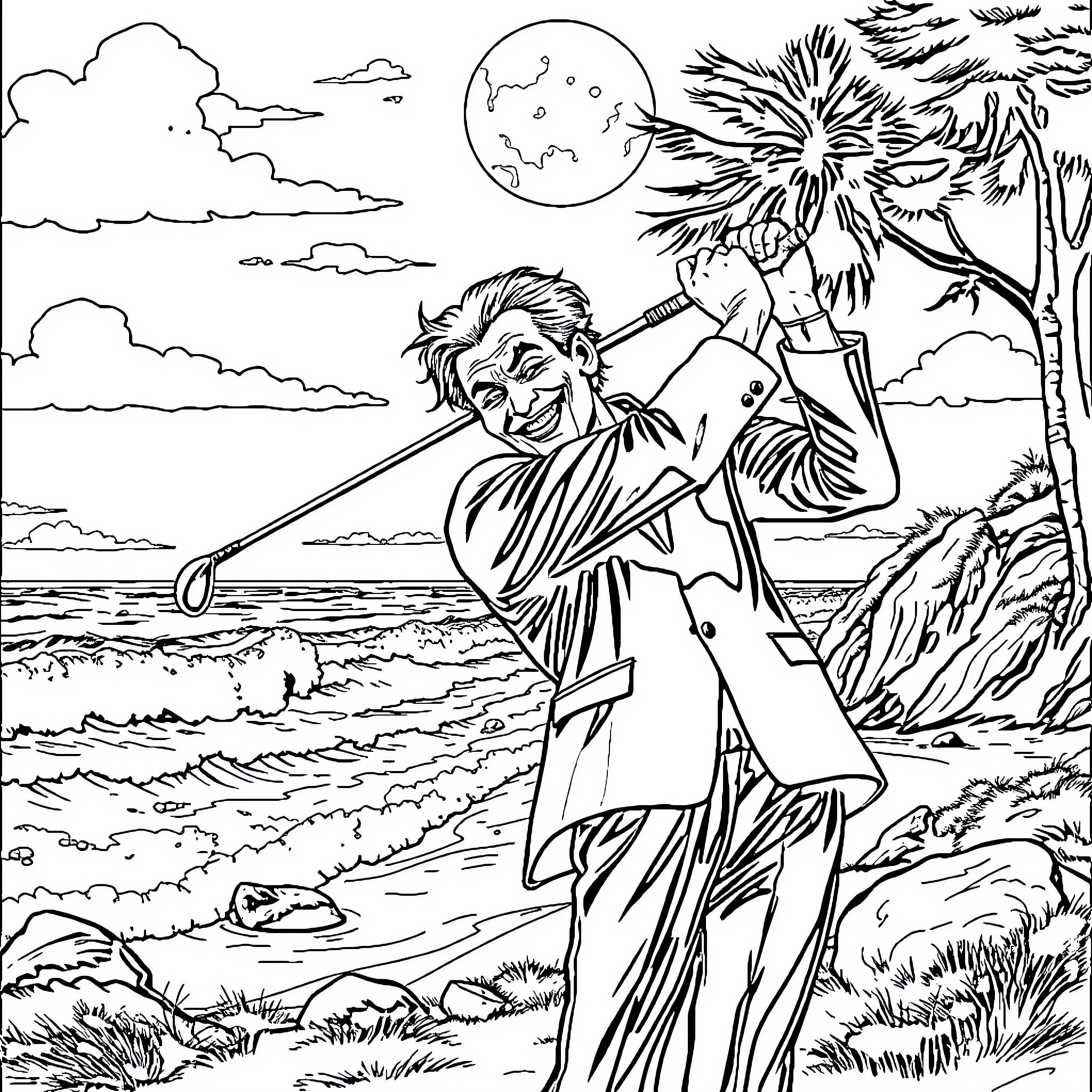 Joker Entertaining Under the Moonlight Coloring Page (free black-and-white line drawing printable PDF for all, from beginners to advanced learners, including children, teens, adults, and seniors)