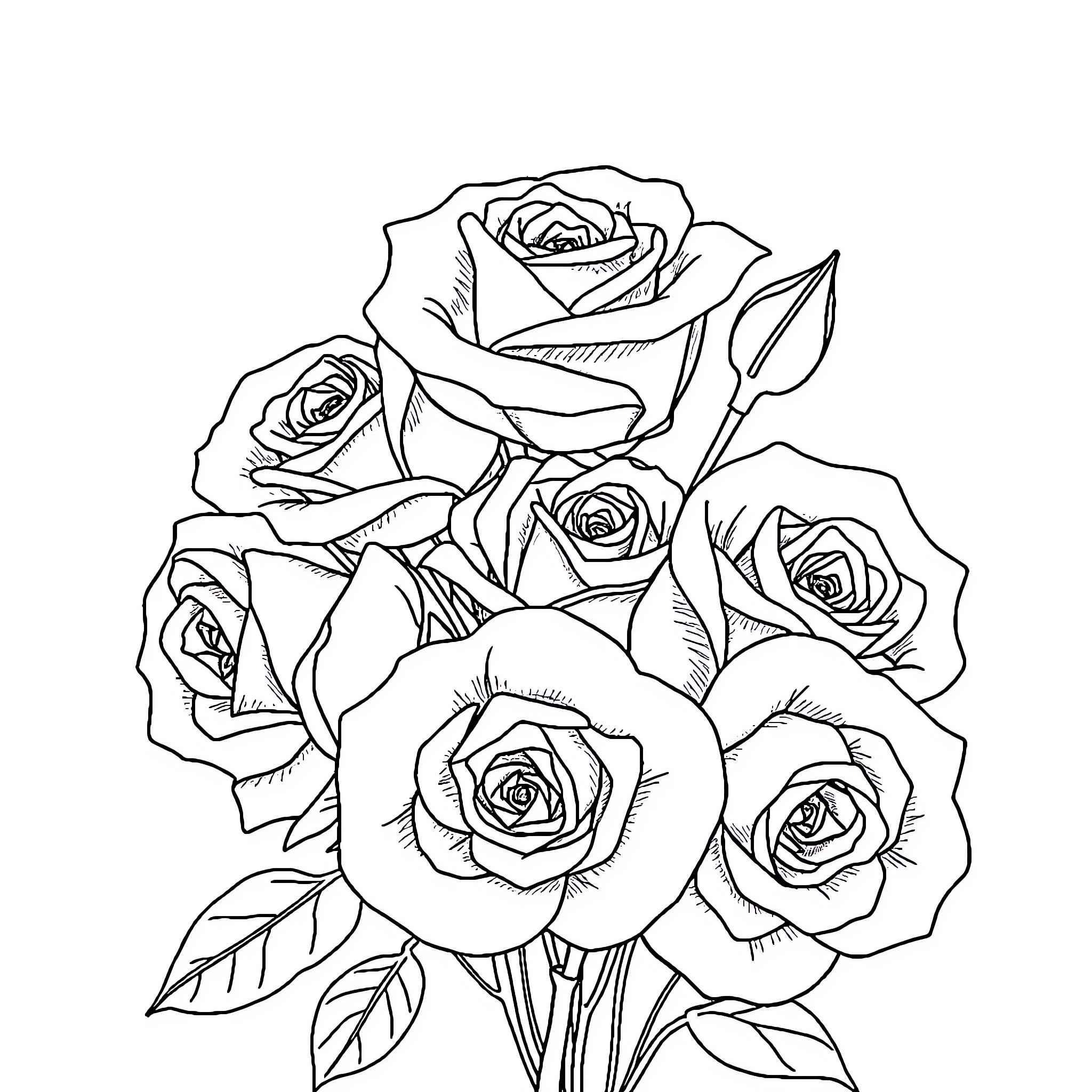 Rose Bouquet of Elegant Floral Arrangement Coloring Page (free black-and-white line drawing printable PDF for all, from beginners to advanced learners, including children, teens, adults, and seniors)