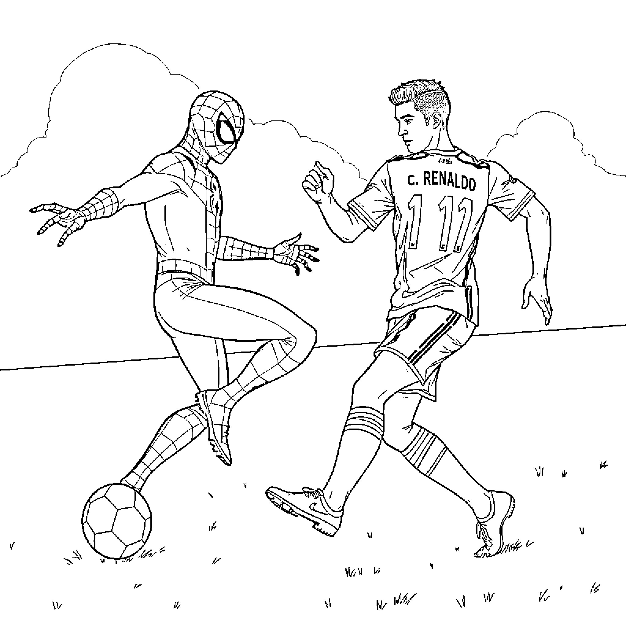 Spiderman and Soccer Player Duel on Field Coloring Page (free black-and-white line drawing printable PDF for all, from beginners to advanced learners, including children, teens, adults, and seniors)