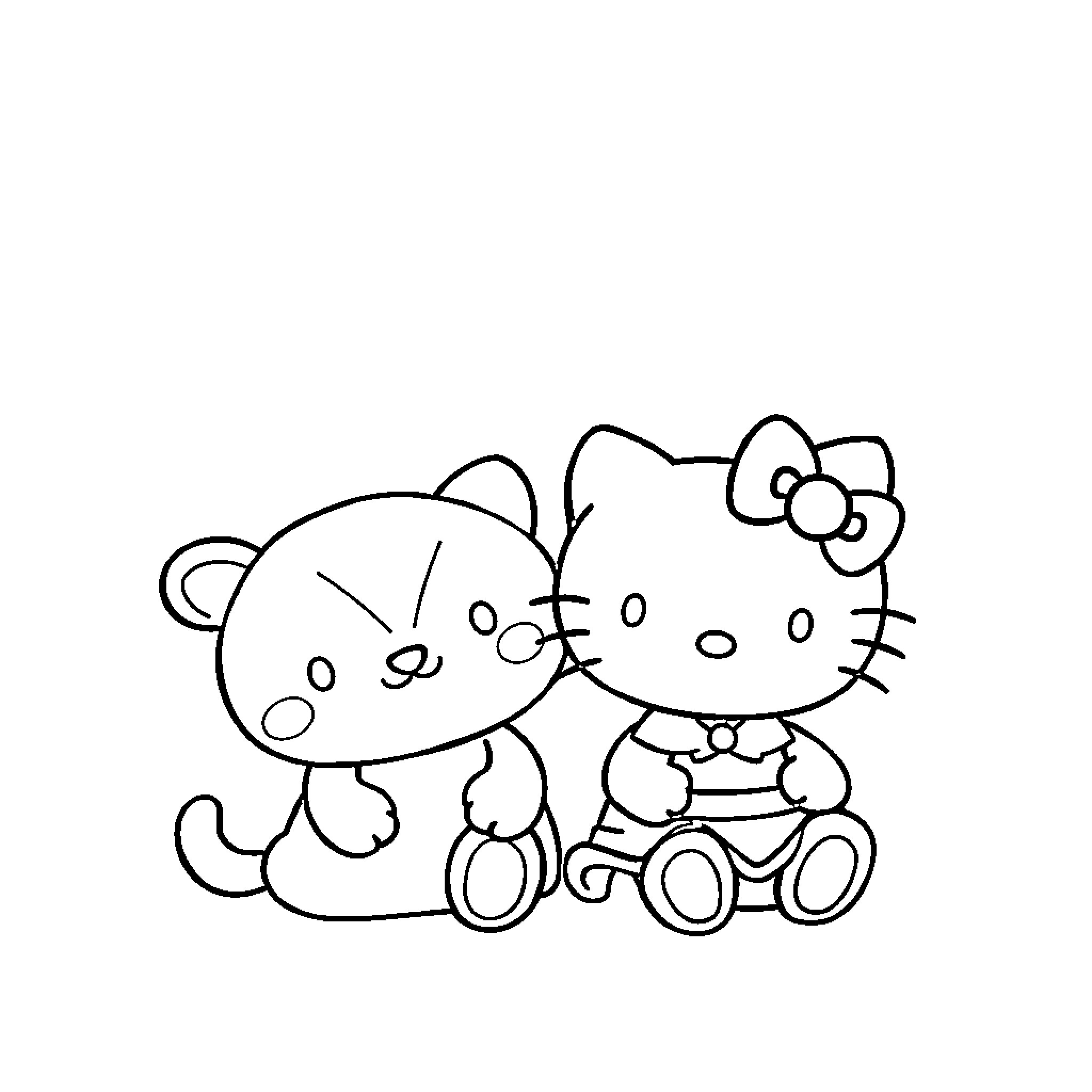 Hello Kitty playing with plush friend Coloring Page (free black-and-white line drawing printable PDF for all, from beginners to advanced learners, including children, teens, adults, and seniors)