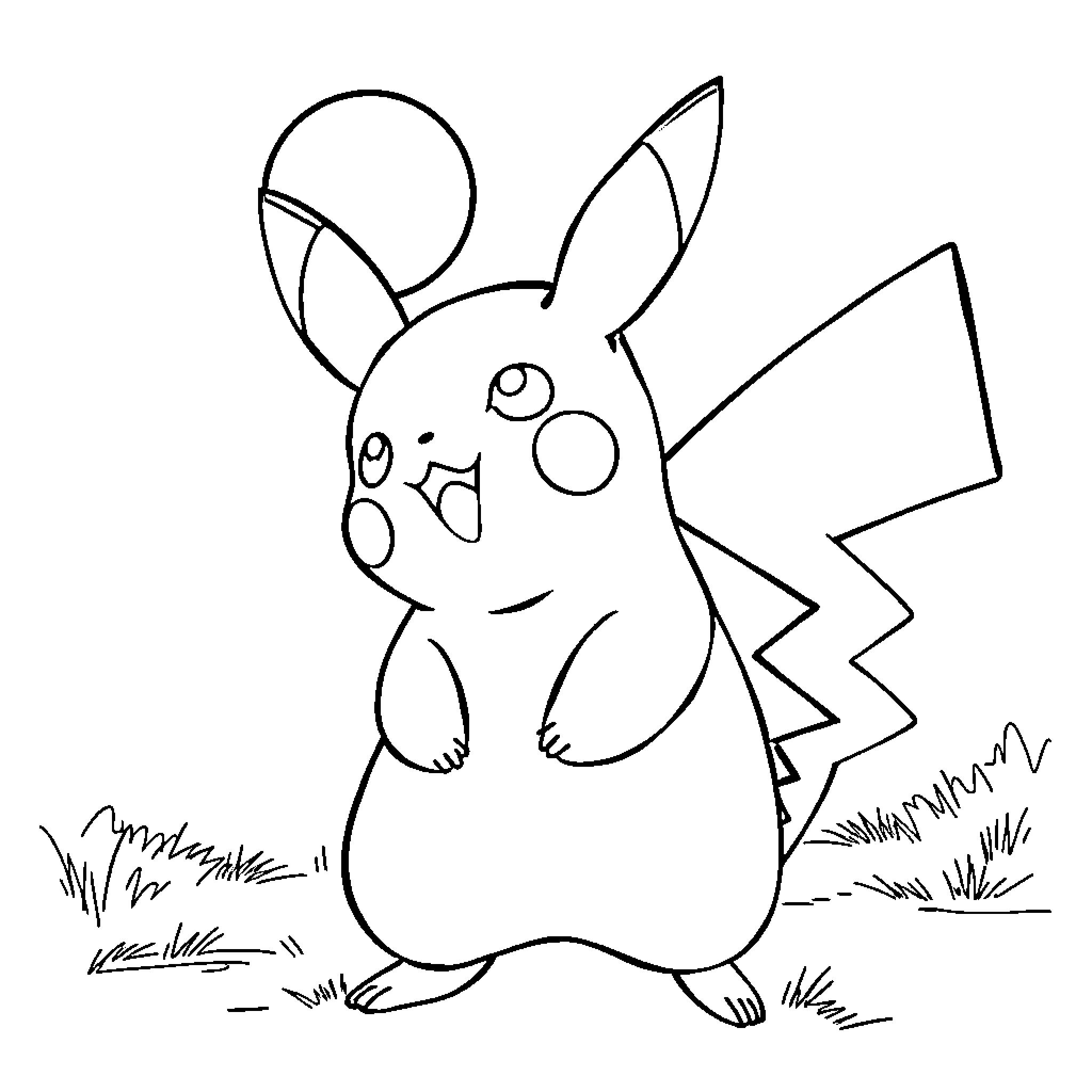 Pikachu waving joyfully in the grass Coloring Page (free black-and-white line drawing printable PDF for all, from beginners to advanced learners, including children, teens, adults, and seniors)