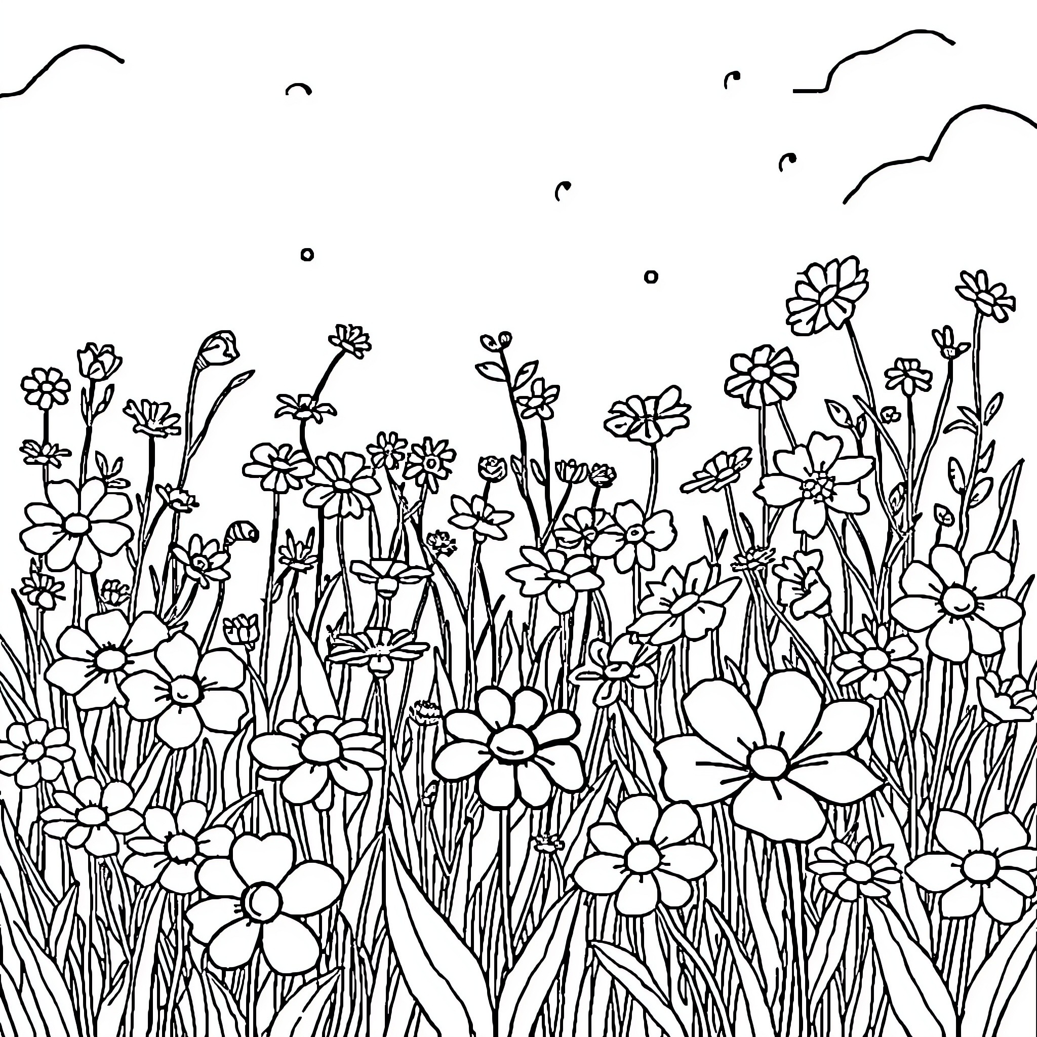 Flower Garden Flourishing with Blooms Coloring Page (free black-and-white line drawing printable PDF for all, from beginners to advanced learners, including children, teens, adults, and seniors)