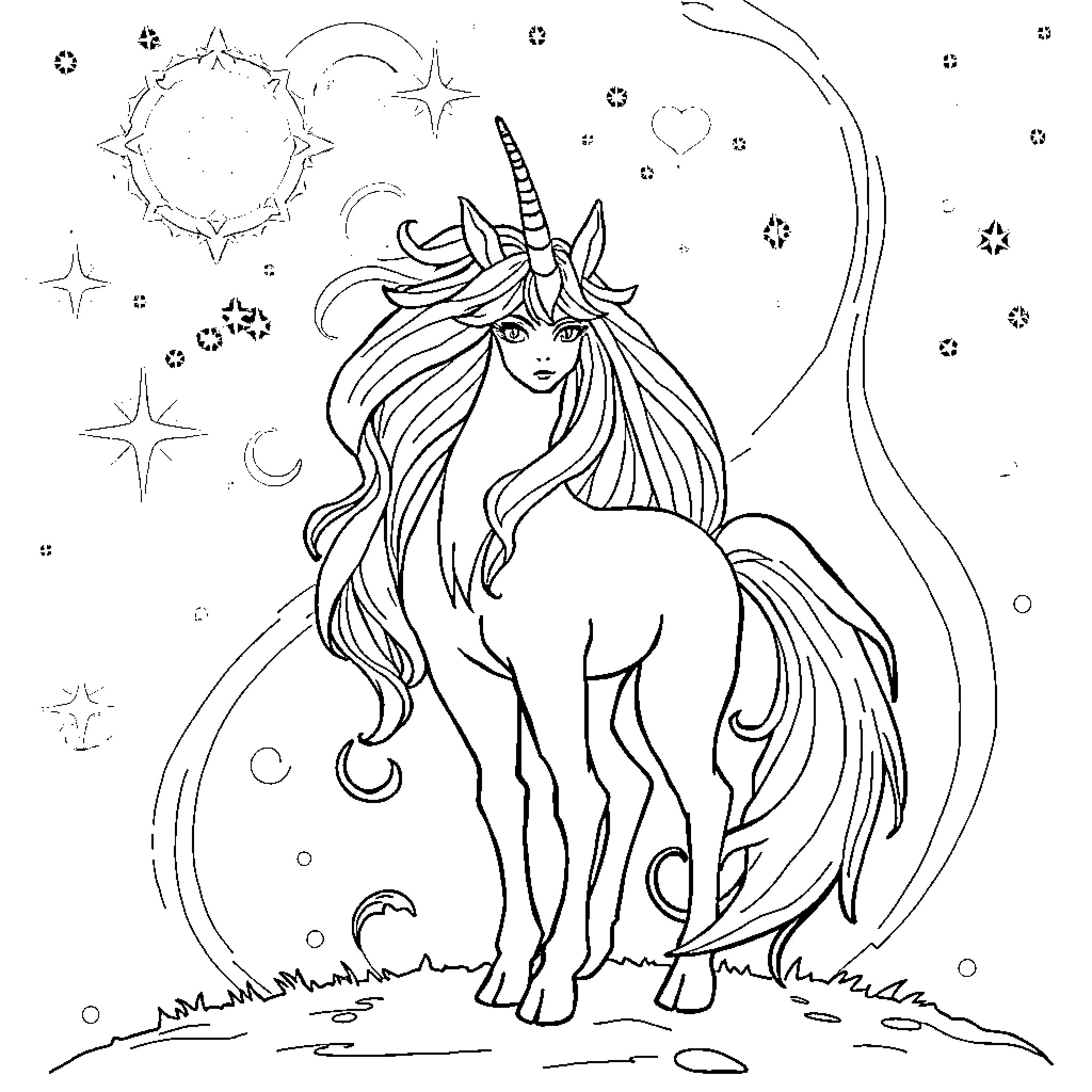 Frieren: Magical Unicorn in Starry Wonderland Coloring Page (free black-and-white line drawing printable PDF for all, from beginners to advanced learners, including children, teens, adults, and seniors)