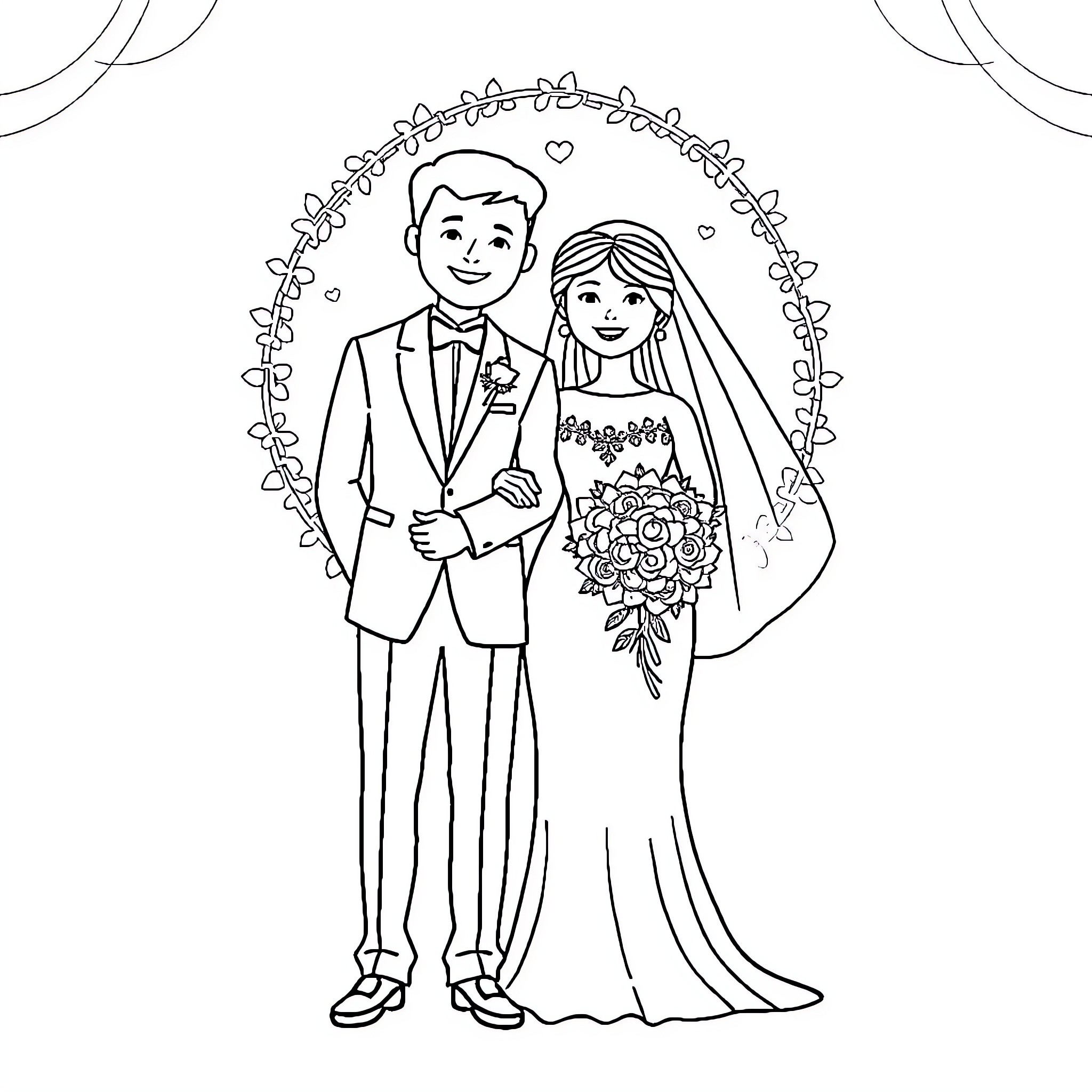 Bride and Groom in Formal Wedding Attire Coloring Page (free black-and-white line drawing printable PDF for all, from beginners to advanced learners, including children, teens, adults, and seniors)