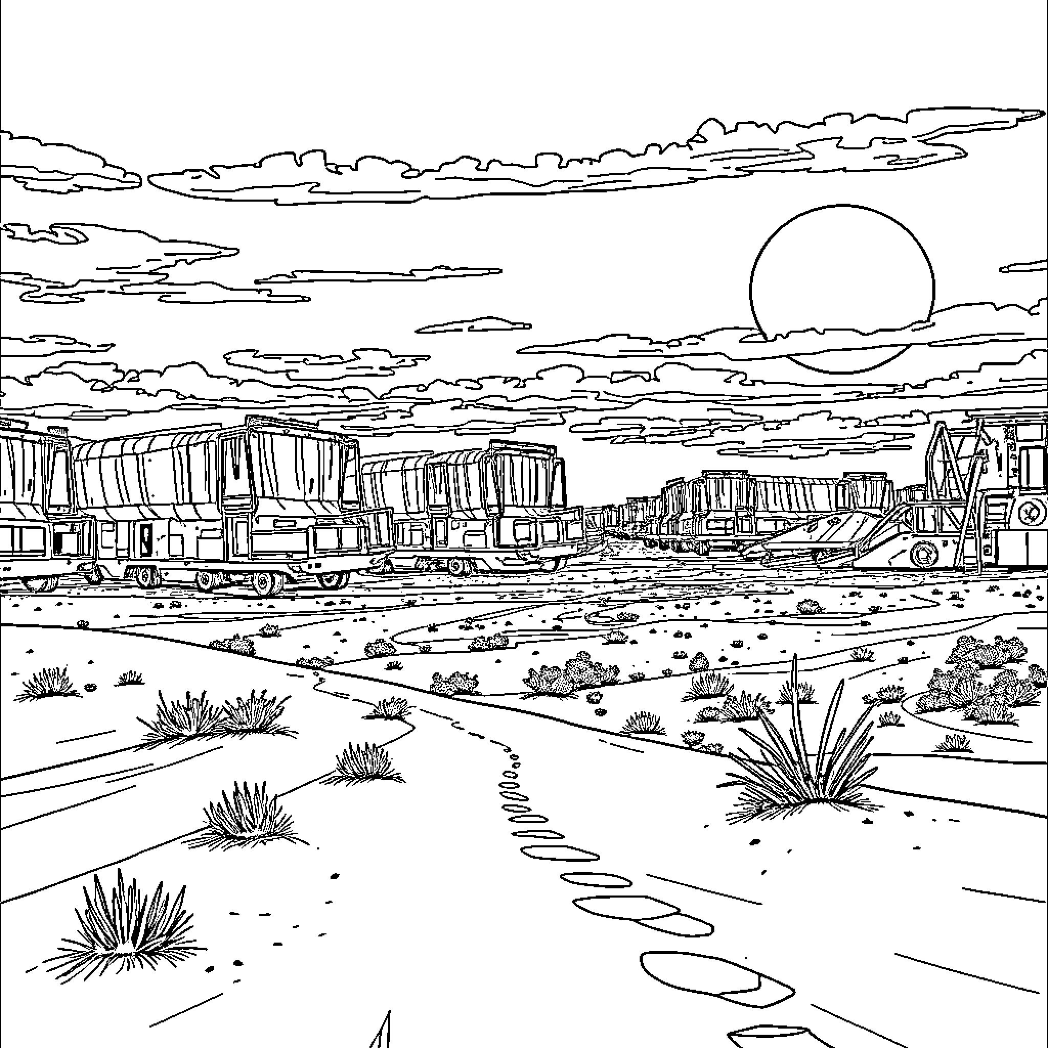 Outback landscape with train tracks and desert scenery Coloring Page (free black-and-white line drawing printable PDF for all, from beginners to advanced learners, including children, teens, adults, and seniors)
