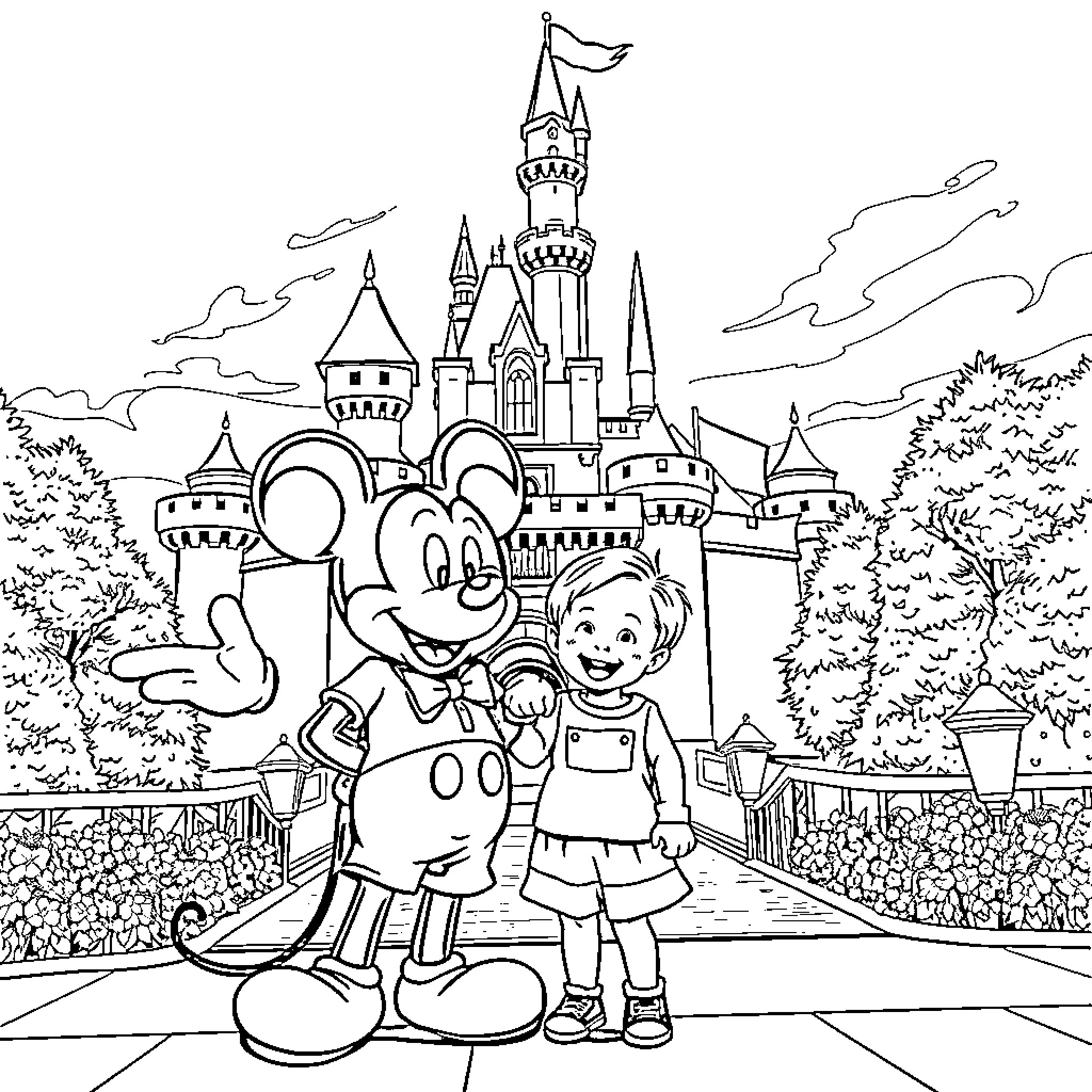 Mickey Mouse and Child Exploring Magical Castle Coloring Page (free black-and-white line drawing printable PDF for all, from beginners to advanced learners, including children, teens, adults, and seniors)