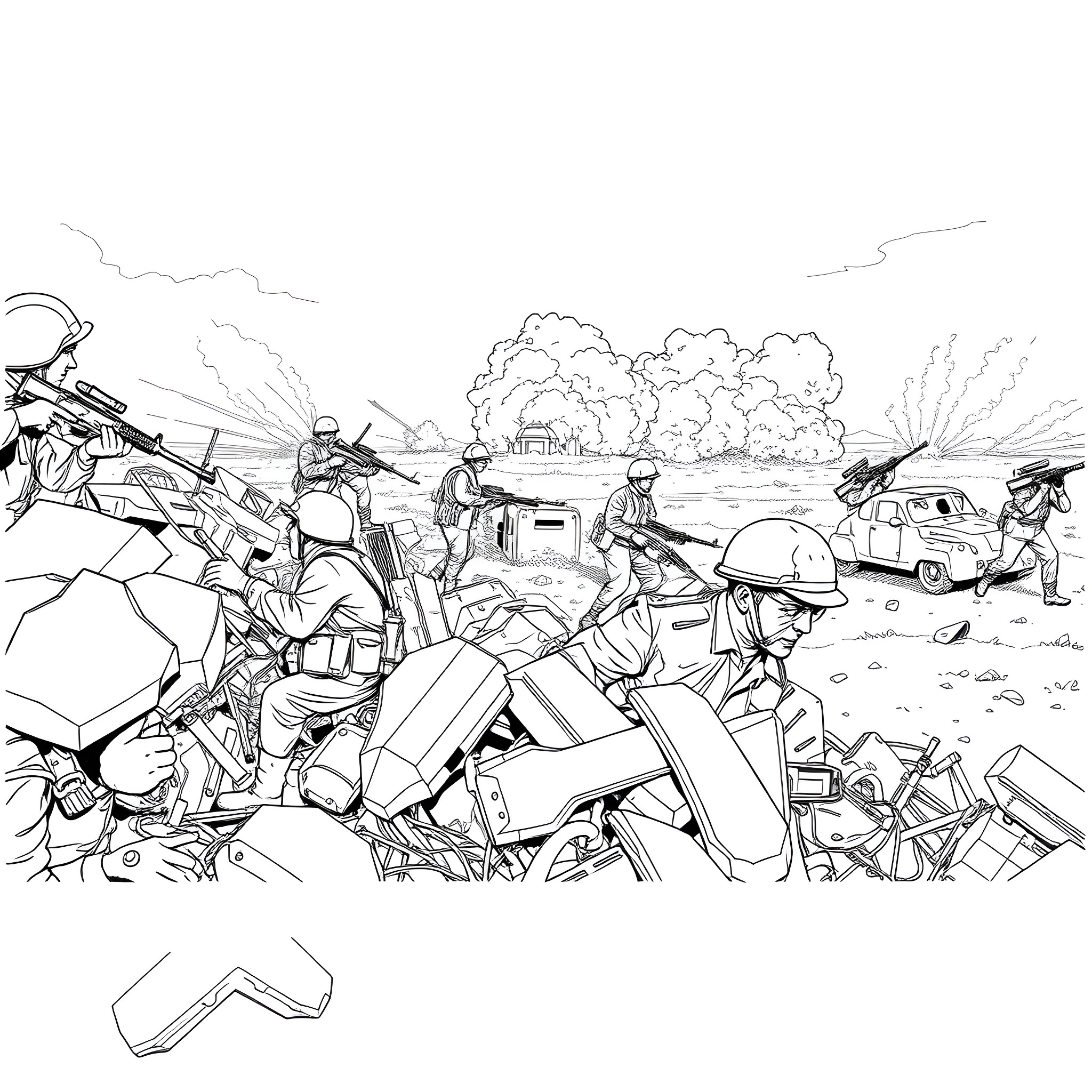 Soldier battling through a war-torn battlefield Coloring Page (free black-and-white line drawing printable PDF for all, from beginners to advanced learners, including children, teens, adults, and seniors)