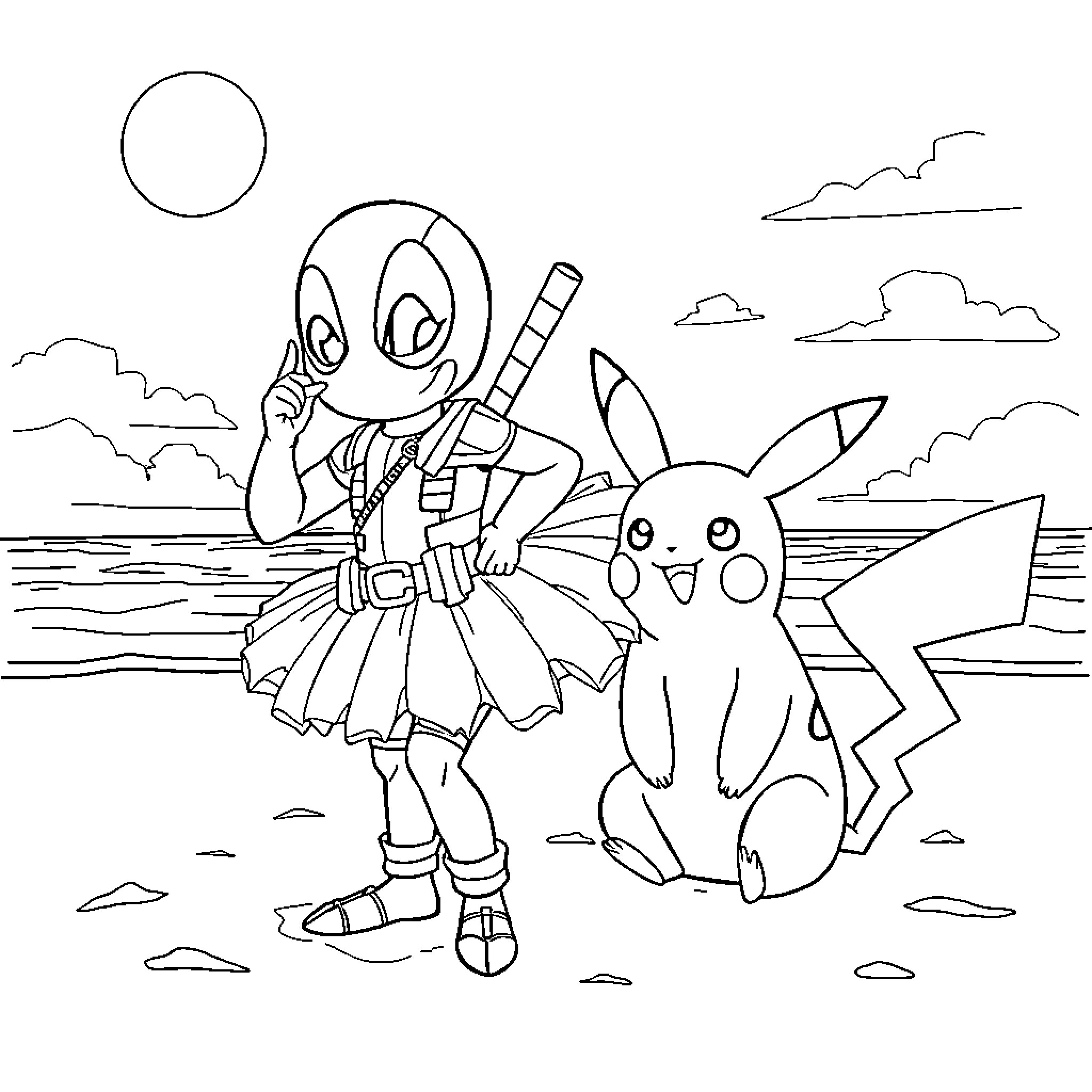 Deadpool and Pikachu enjoying a beach adventure Coloring Page (free black-and-white line drawing printable PDF for all, from beginners to advanced learners, including children, teens, adults, and seniors)
