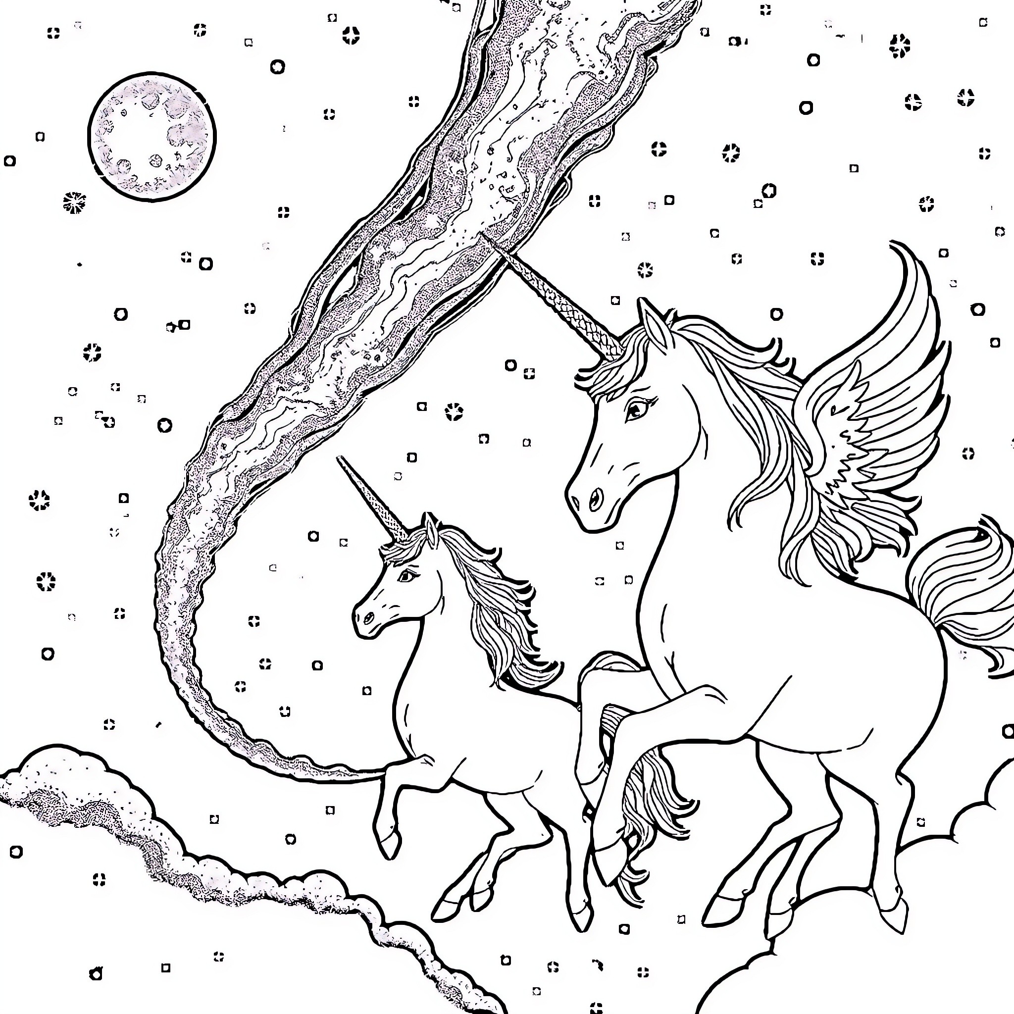 Unicorn companions gliding through the starry night Coloring Page (free black-and-white line drawing printable PDF for all, from beginners to advanced learners, including children, teens, adults, and seniors)