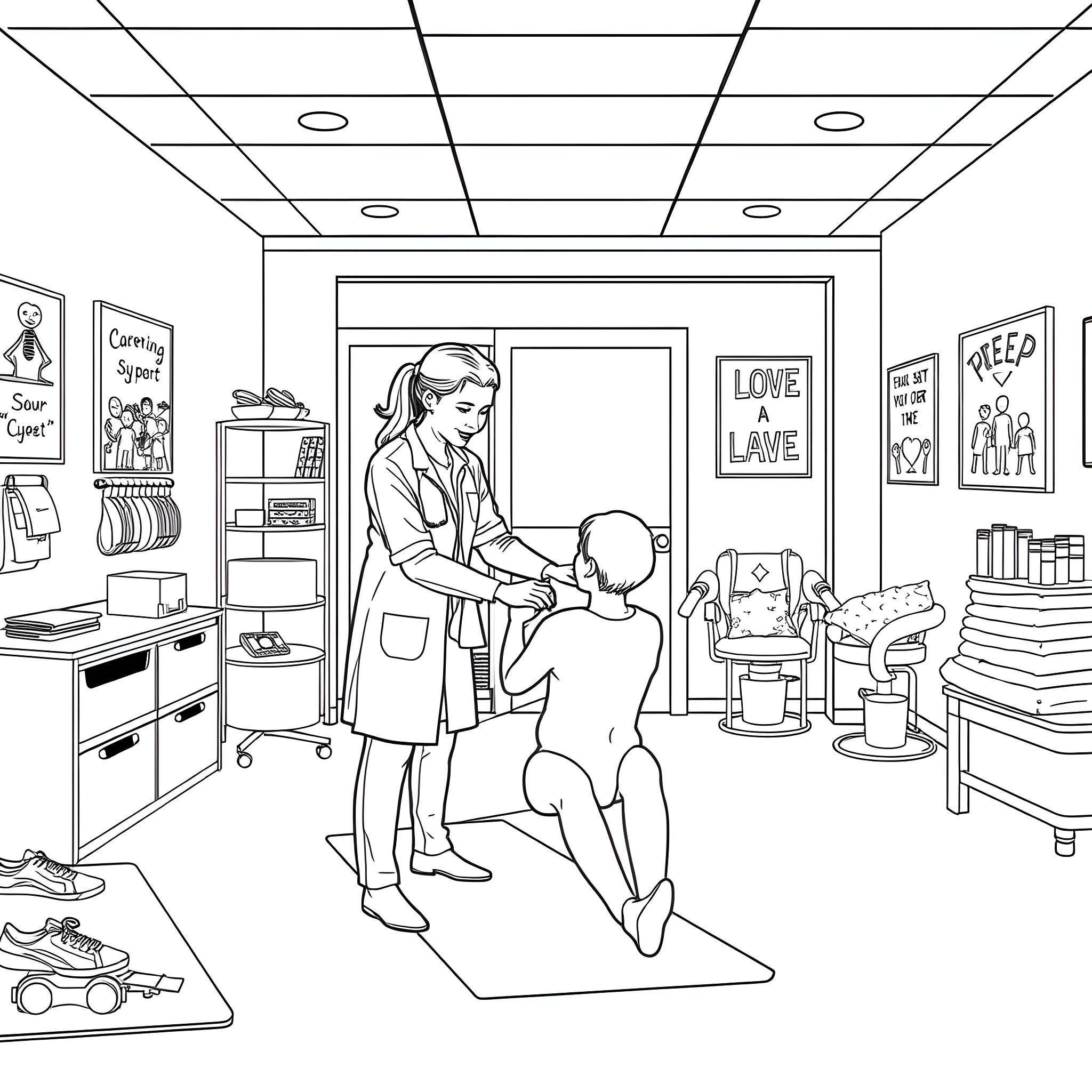Physiotherapist treating patient in clinic Coloring Page (free black-and-white line drawing printable PDF for all, from beginners to advanced learners, including children, teens, adults, and seniors)