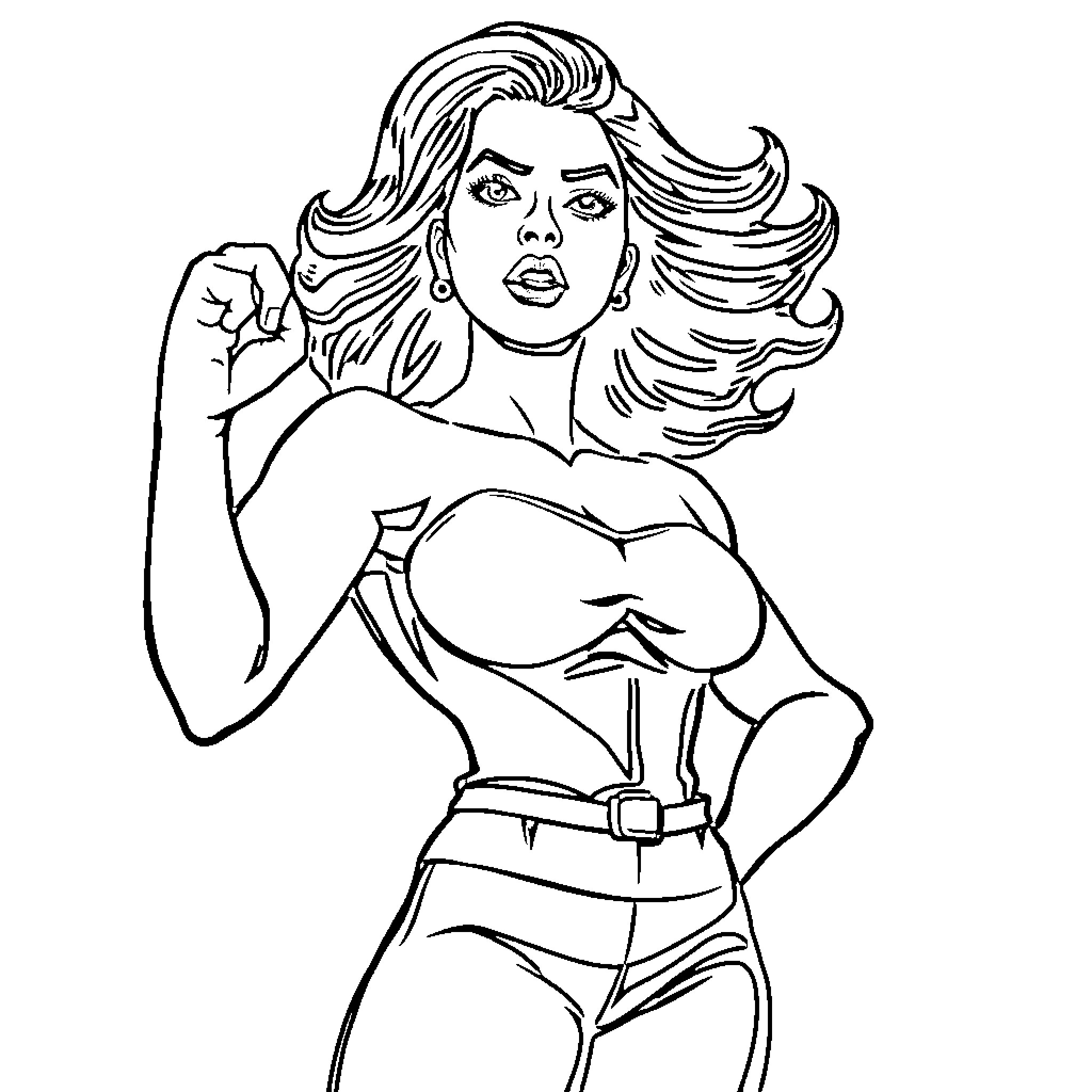 Feminist Icon with Powerful Stance and Expression Coloring Page (free black-and-white line drawing printable PDF for all, from beginners to advanced learners, including children, teens, adults, and seniors)