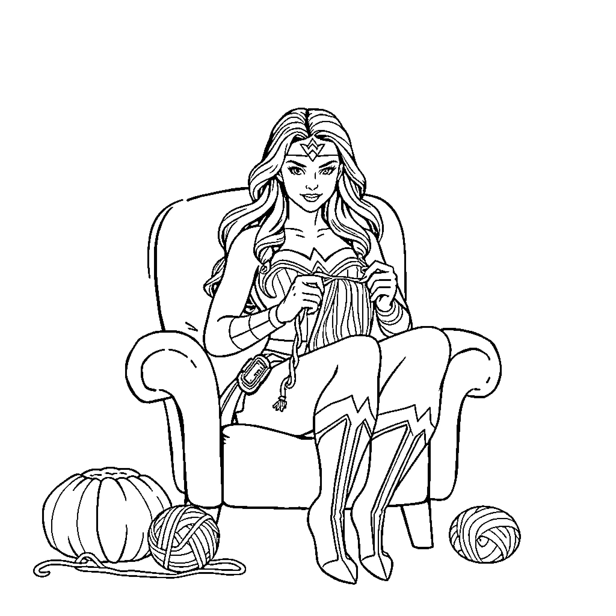 Wonder Woman Relaxing and Knitting Coloring Page (free black-and-white line drawing printable PDF for all, from beginners to advanced learners, including children, teens, adults, and seniors)