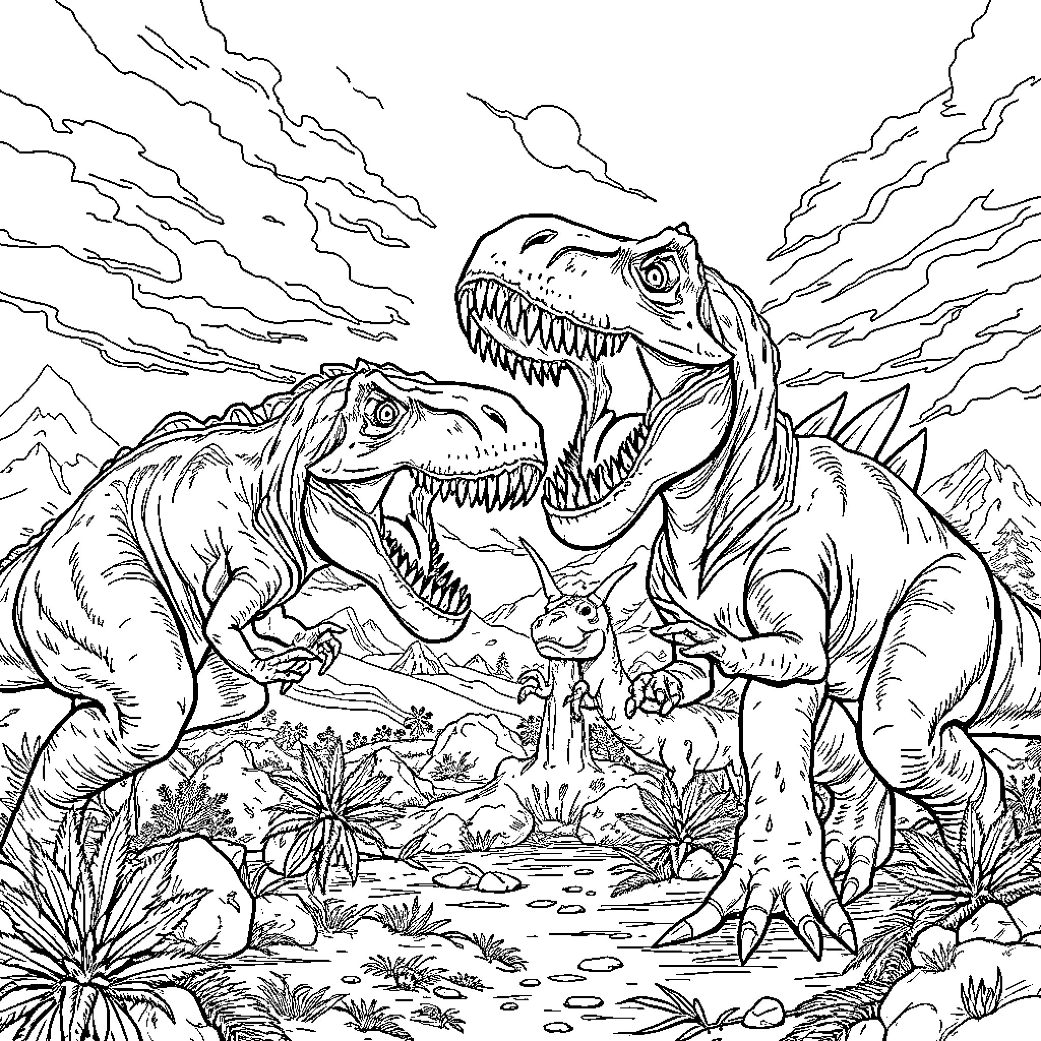 Dino Dinosaur Encounter in Prehistoric Landscape Coloring Page (free black-and-white line drawing printable PDF for all, from beginners to advanced learners, including children, teens, adults, and seniors)