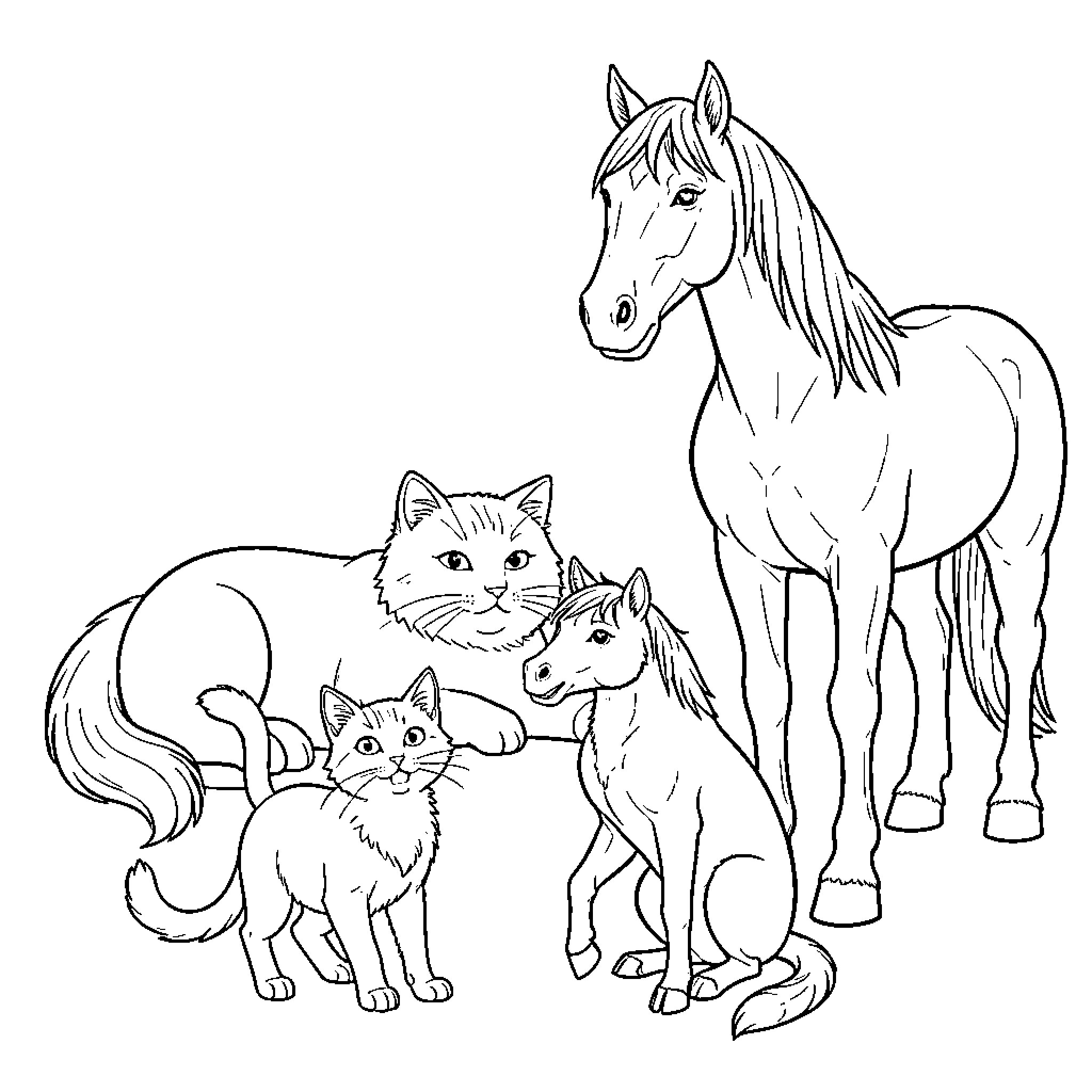 Cat and Horse standing together with young animals Coloring Page (free black-and-white line drawing printable PDF for all, from beginners to advanced learners, including children, teens, adults, and seniors)