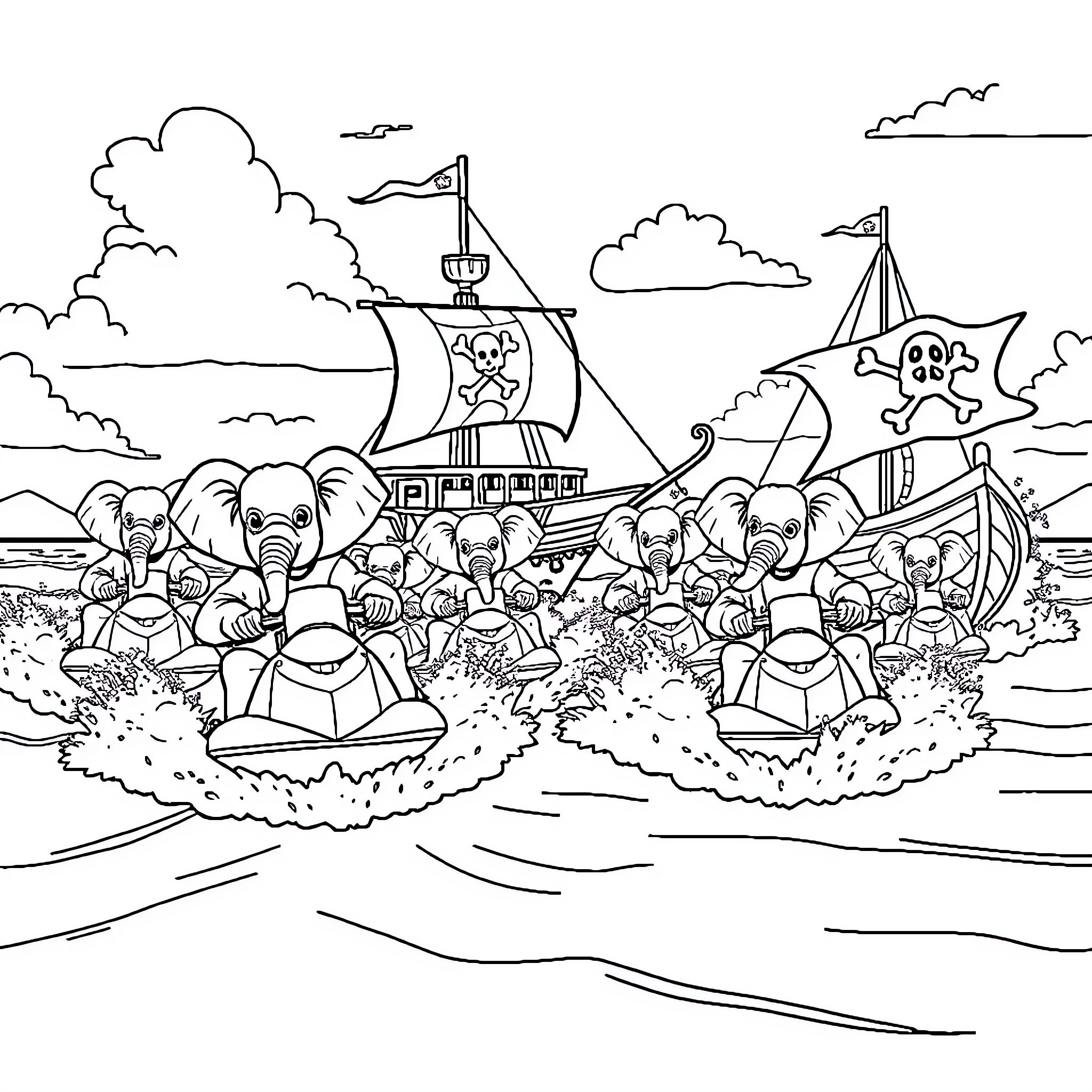 Elephant Pirates Sailing the Seas Coloring Page (free black-and-white line drawing printable PDF for all, from beginners to advanced learners, including children, teens, adults, and seniors)