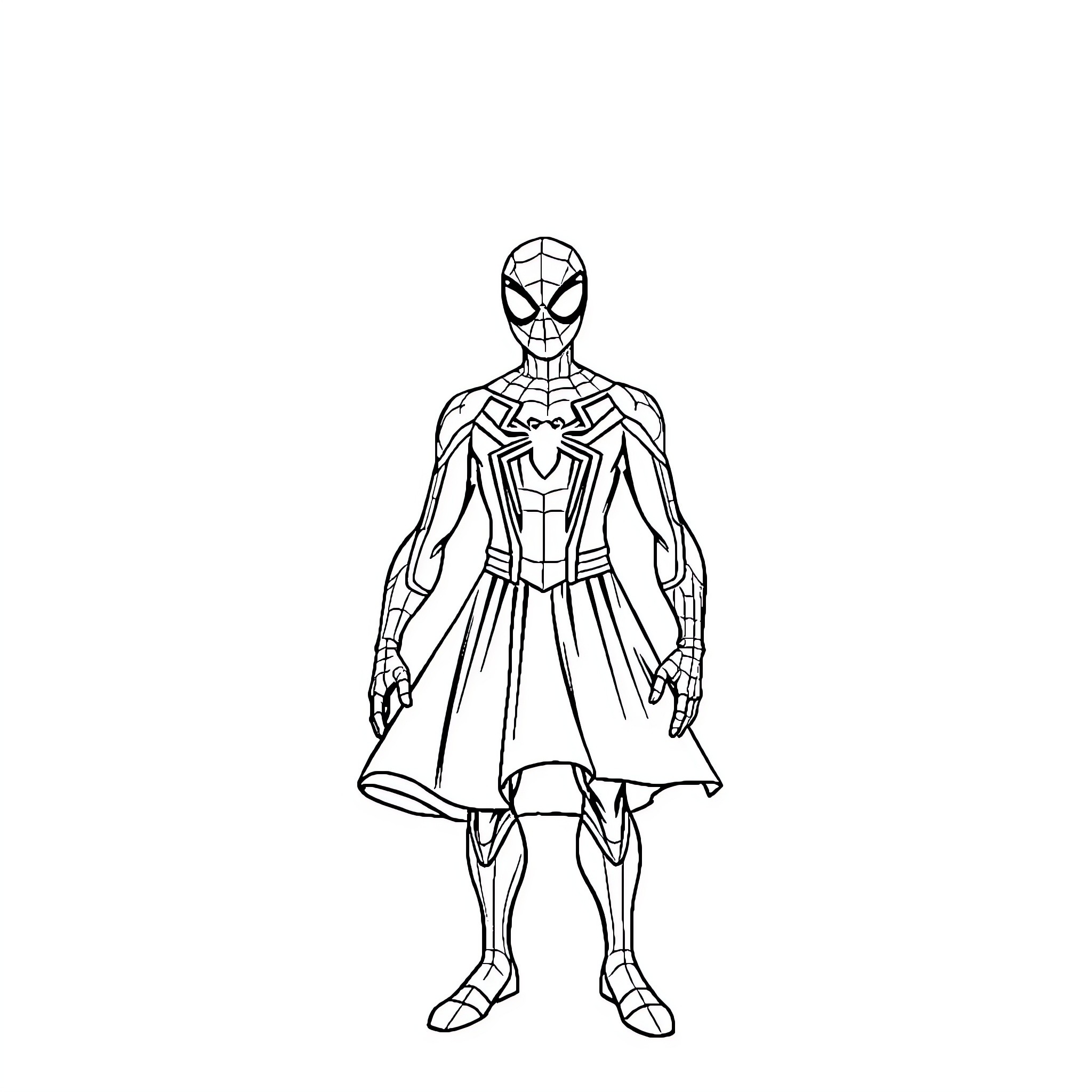 Spiderman standing in heroic pose Coloring Page (free black-and-white line drawing printable PDF for all, from beginners to advanced learners, including children, teens, adults, and seniors)