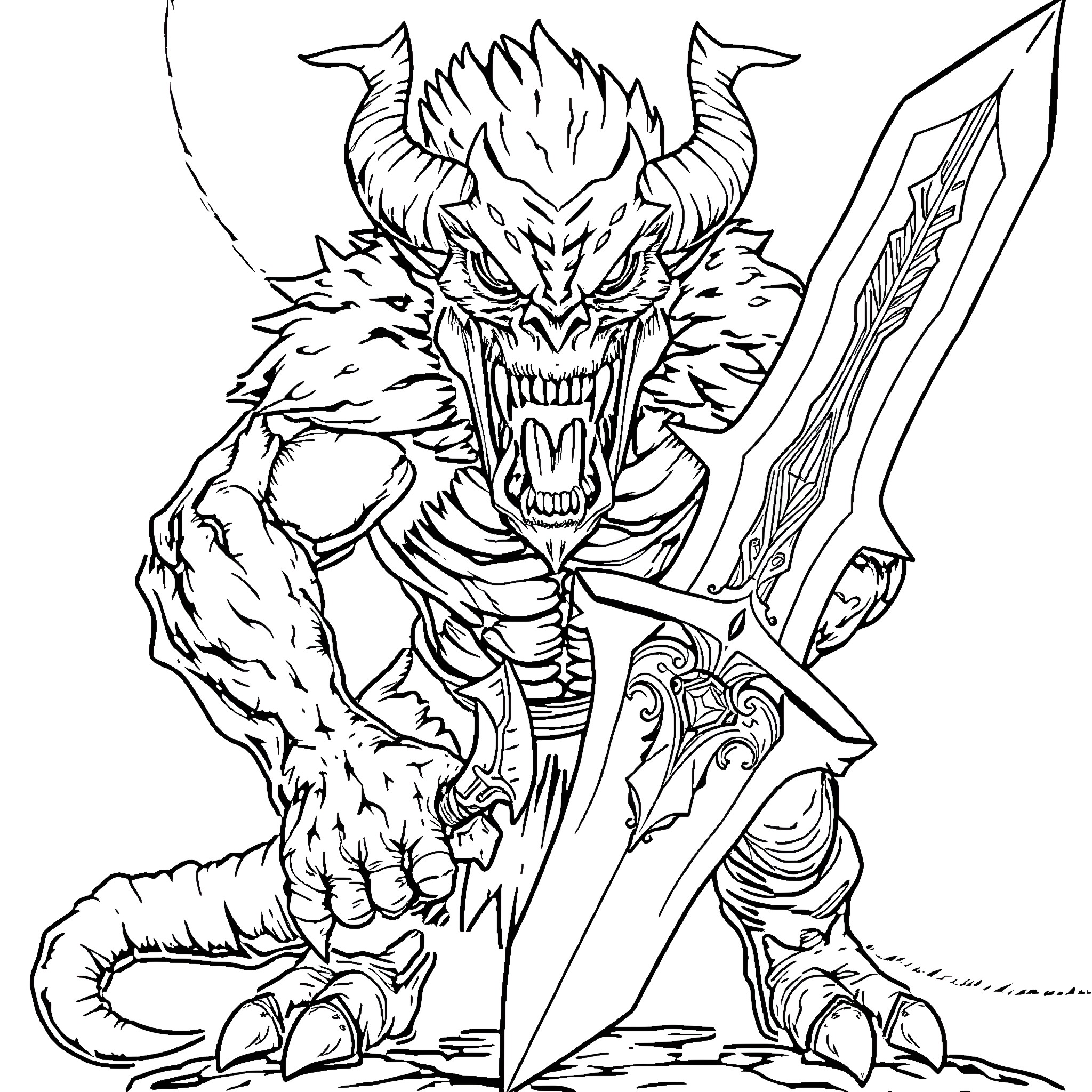 Monster wielding a menacing sword with a fierce expression Coloring Page (free black-and-white line drawing printable PDF for all, from beginners to advanced learners, including children, teens, adults, and seniors)