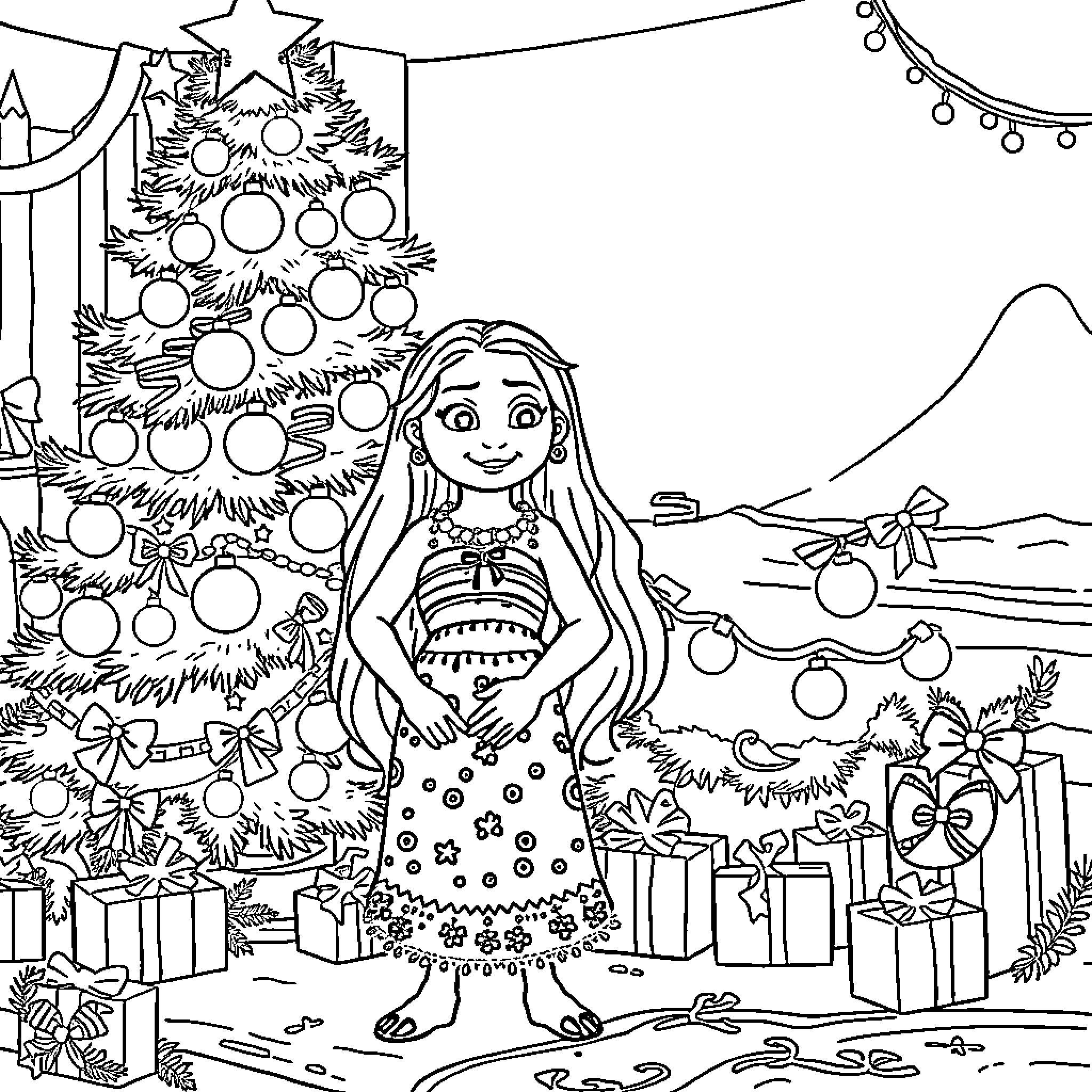 Moana celebrating Christmas with presents and a tree Coloring Page (free black-and-white line drawing printable PDF for all, from beginners to advanced learners, including children, teens, adults, and seniors)