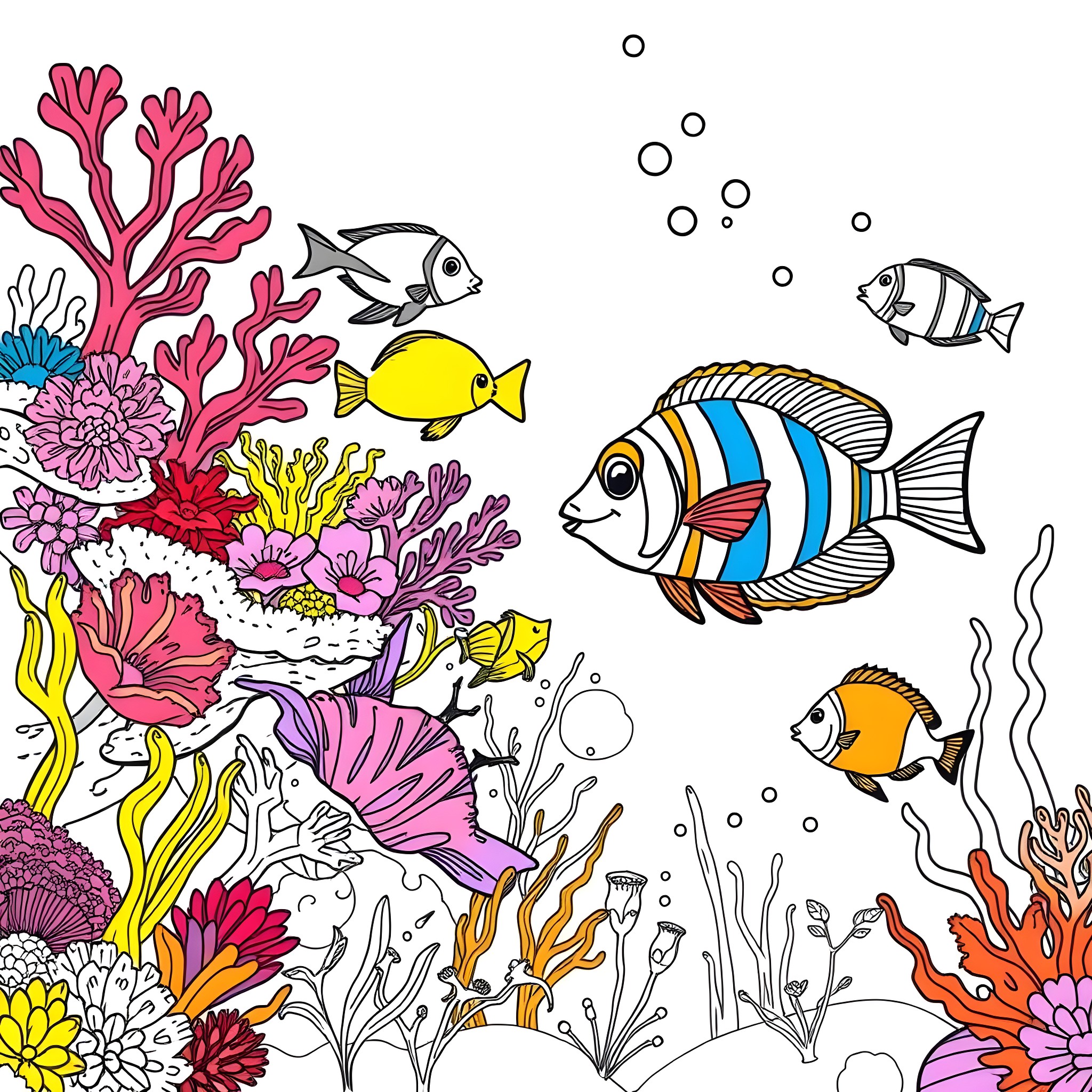 Fish swimming among colorful coral reef Coloring Page (free black-and-white line drawing printable PDF for all, from beginners to advanced learners, including children, teens, adults, and seniors)