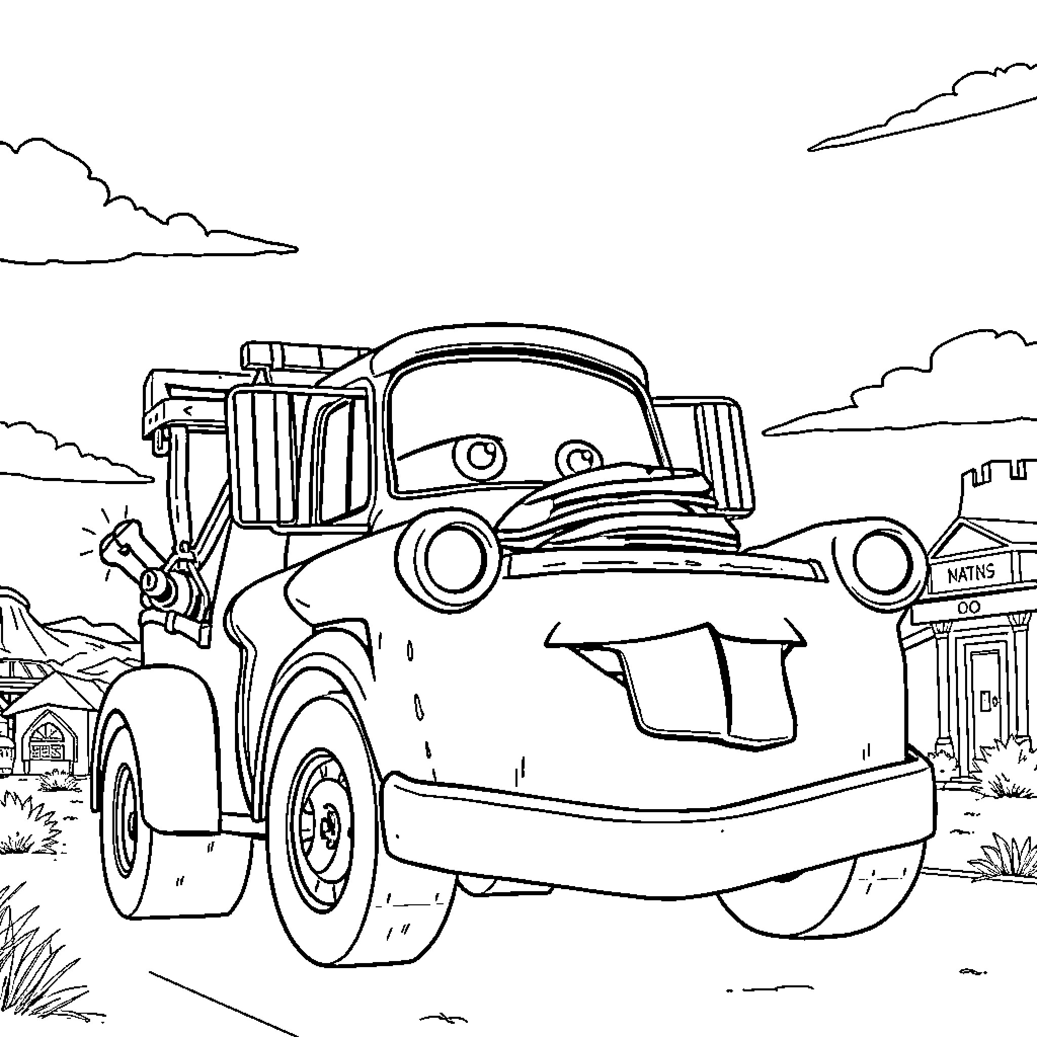 Tow Mater enjoying a sunny day in the countryside Coloring Page (free black-and-white line drawing printable PDF for all, from beginners to advanced learners, including children, teens, adults, and seniors)