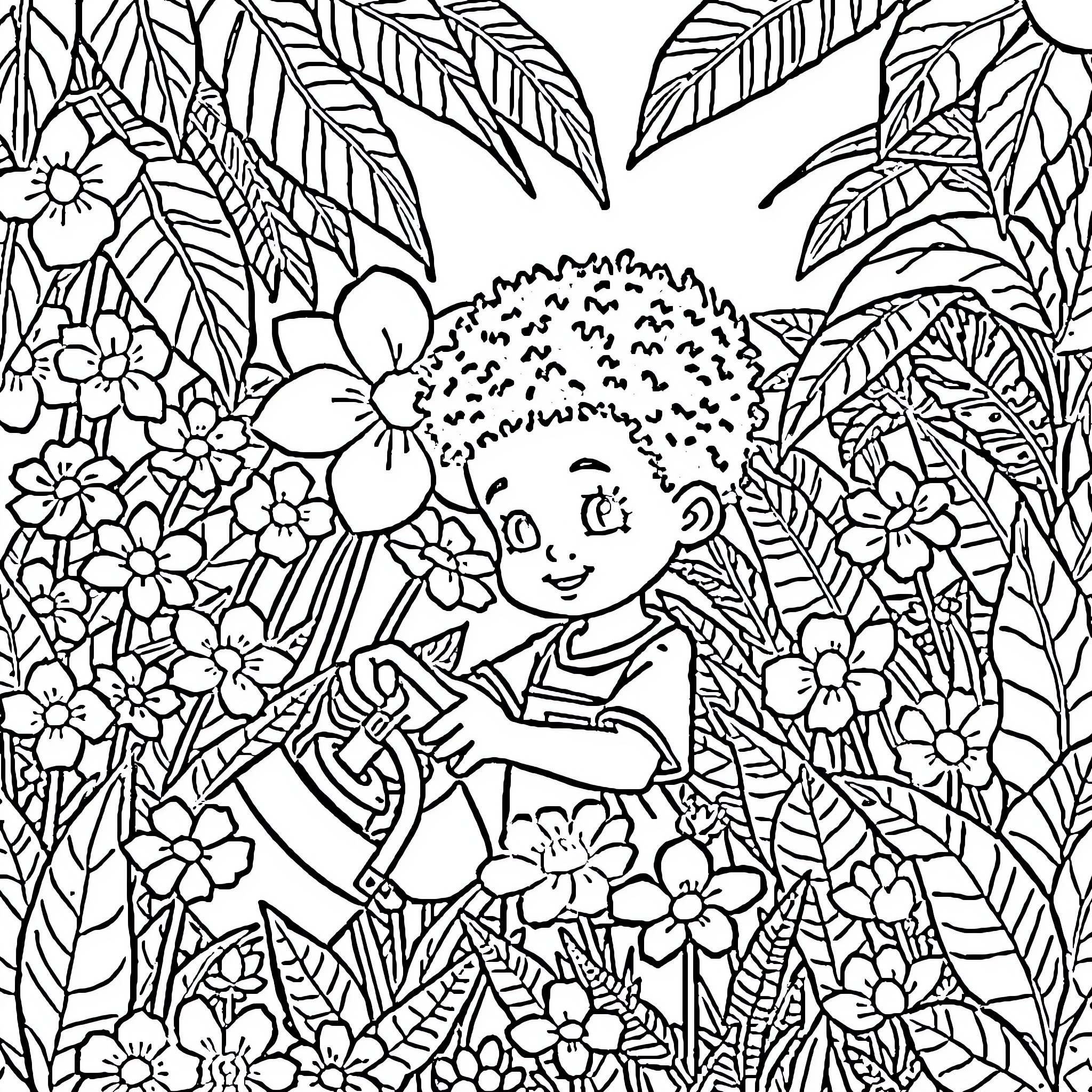 Boy explores vibrant floral garden Coloring Page (free black-and-white line drawing printable PDF for all, from beginners to advanced learners, including children, teens, adults, and seniors)