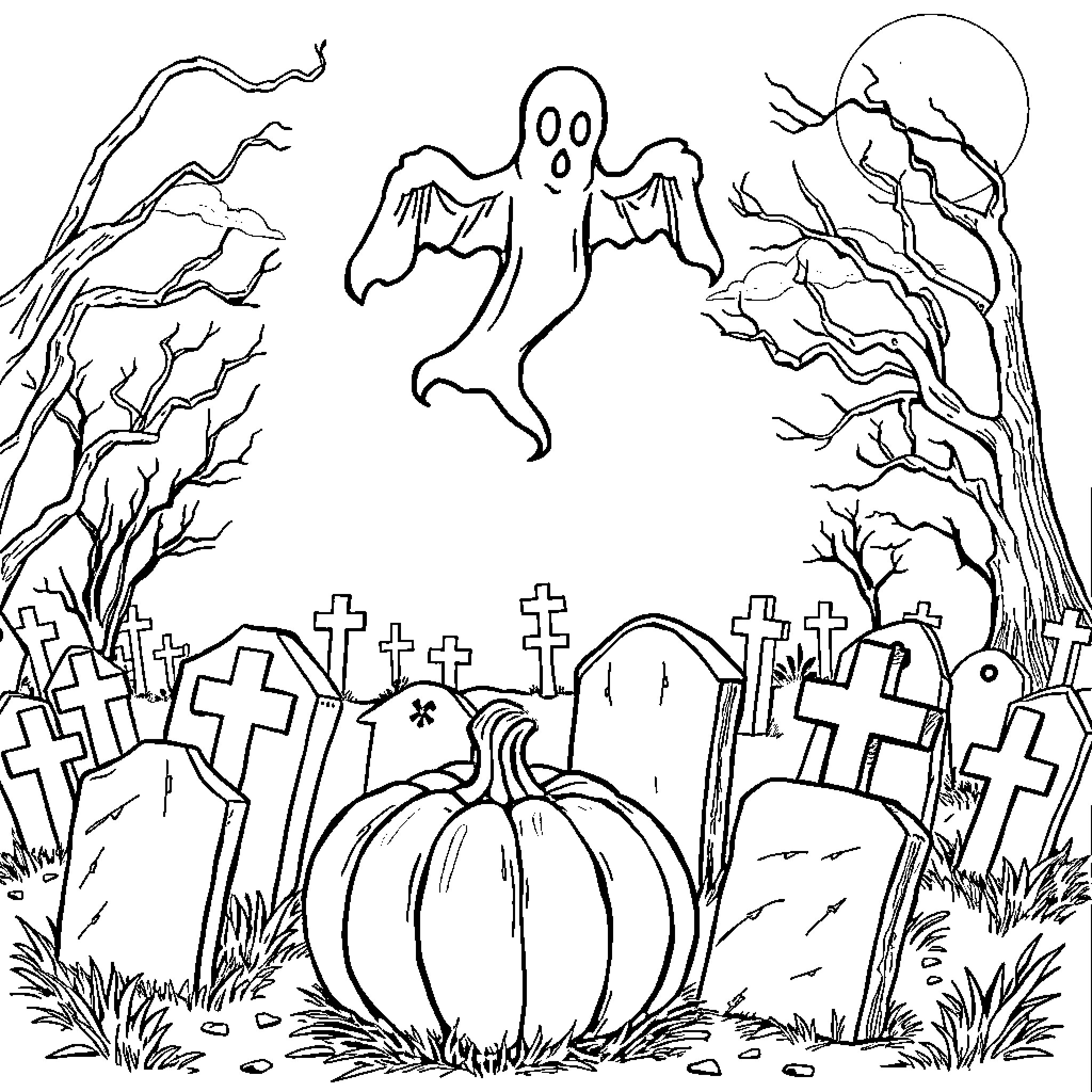 Ghost Haunting Spooky Graveyard on Halloween Night Coloring Page (free black-and-white line drawing printable PDF for all, from beginners to advanced learners, including children, teens, adults, and seniors)