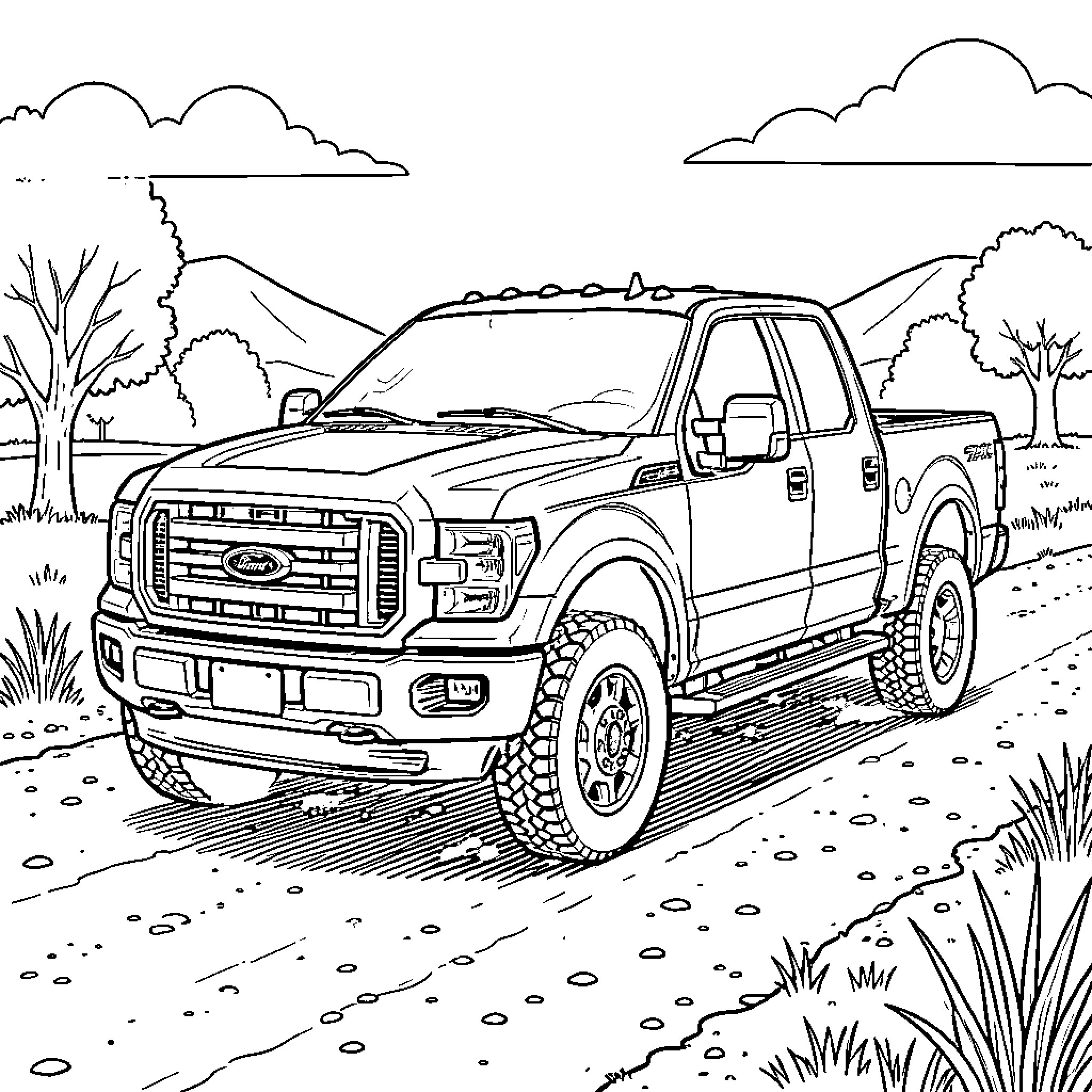 Ford Truck driving through rugged outdoor landscape Coloring Page (free black-and-white line drawing printable PDF for all, from beginners to advanced learners, including children, teens, adults, and seniors)