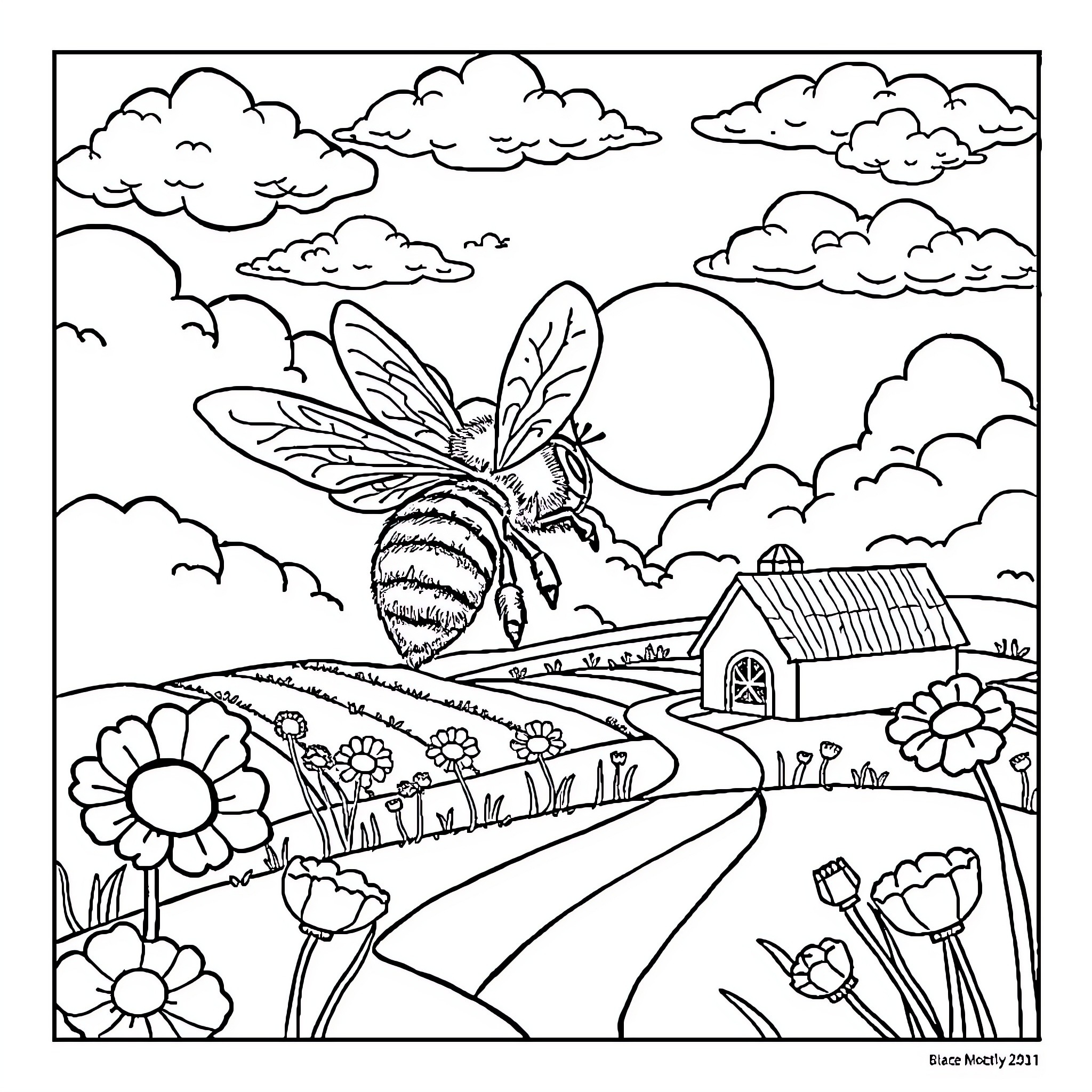 Honeybee exploring a picturesque countryside landscape Coloring Page (free black-and-white line drawing printable PDF for all, from beginners to advanced learners, including children, teens, adults, and seniors)