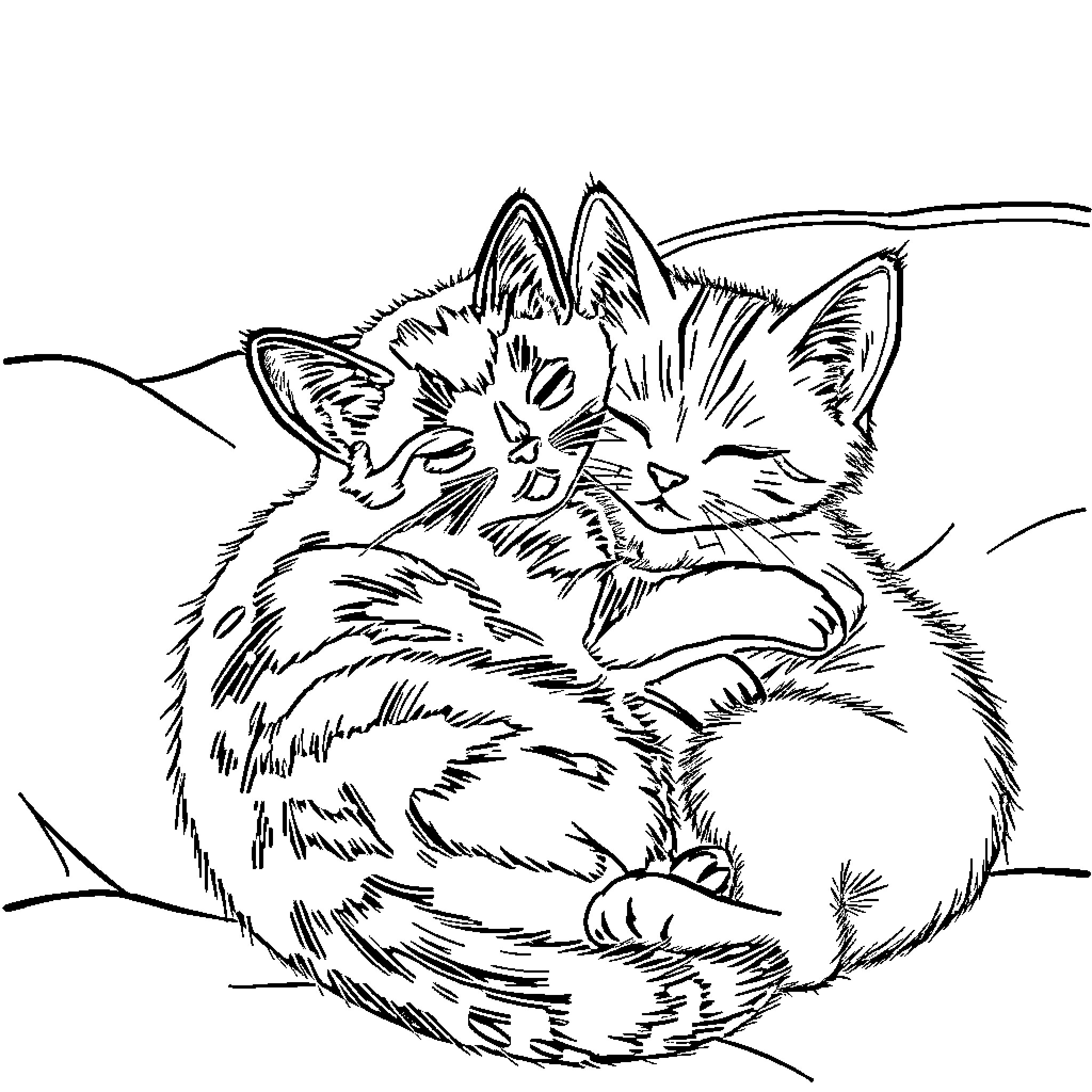 Neko Kittens Cuddling in the Cozy Embrace Coloring Page (free black-and-white line drawing printable PDF for all, from beginners to advanced learners, including children, teens, adults, and seniors)