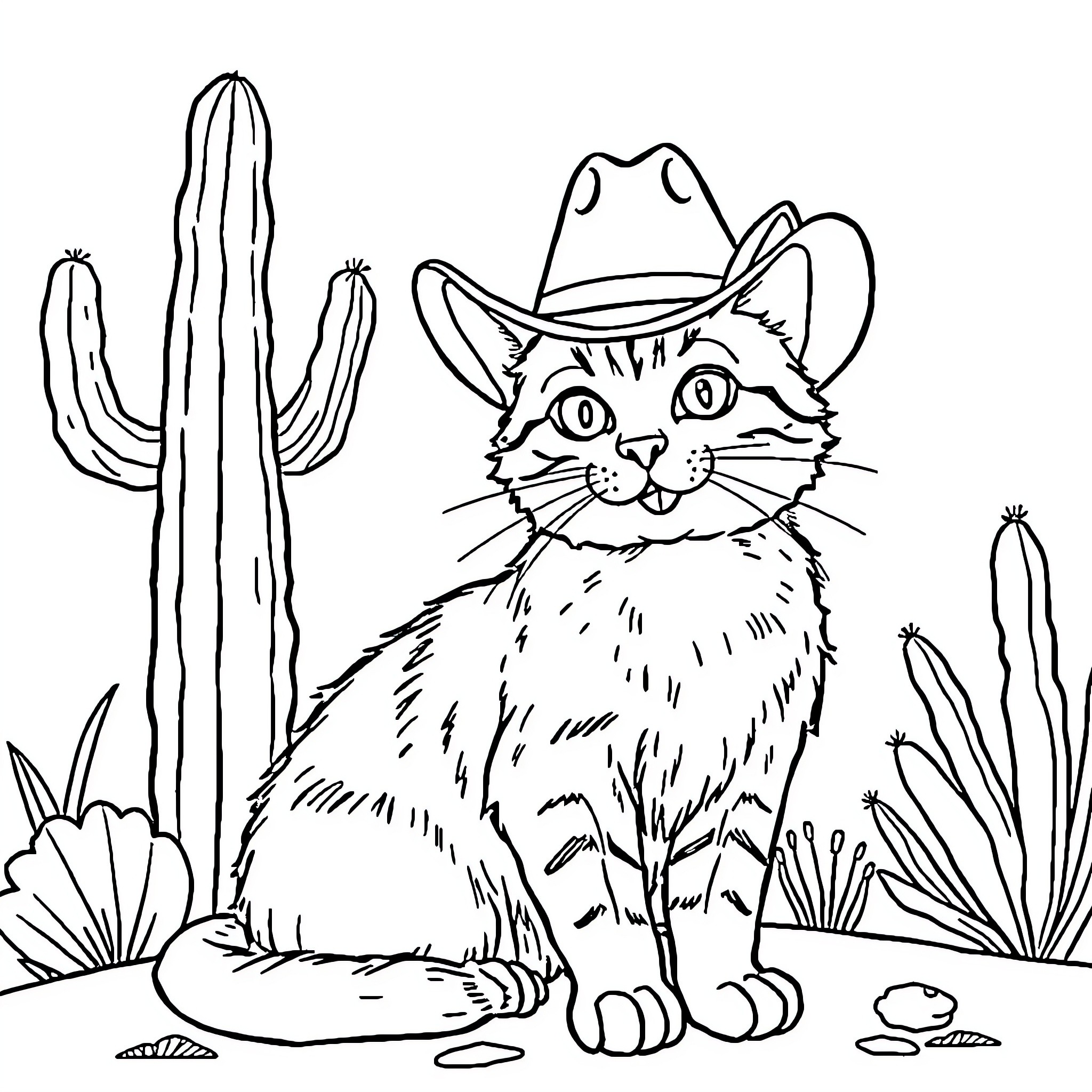 Cat wearing cowboy hat in desert landscape Coloring Page (free black-and-white line drawing printable PDF for all, from beginners to advanced learners, including children, teens, adults, and seniors)