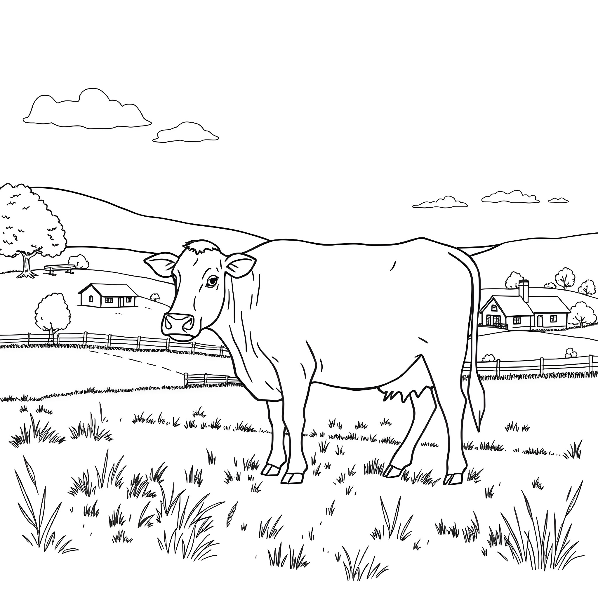 Cow grazing peacefully in the countryside Coloring Page (free black-and-white line drawing printable PDF for all, from beginners to advanced learners, including children, teens, adults, and seniors)