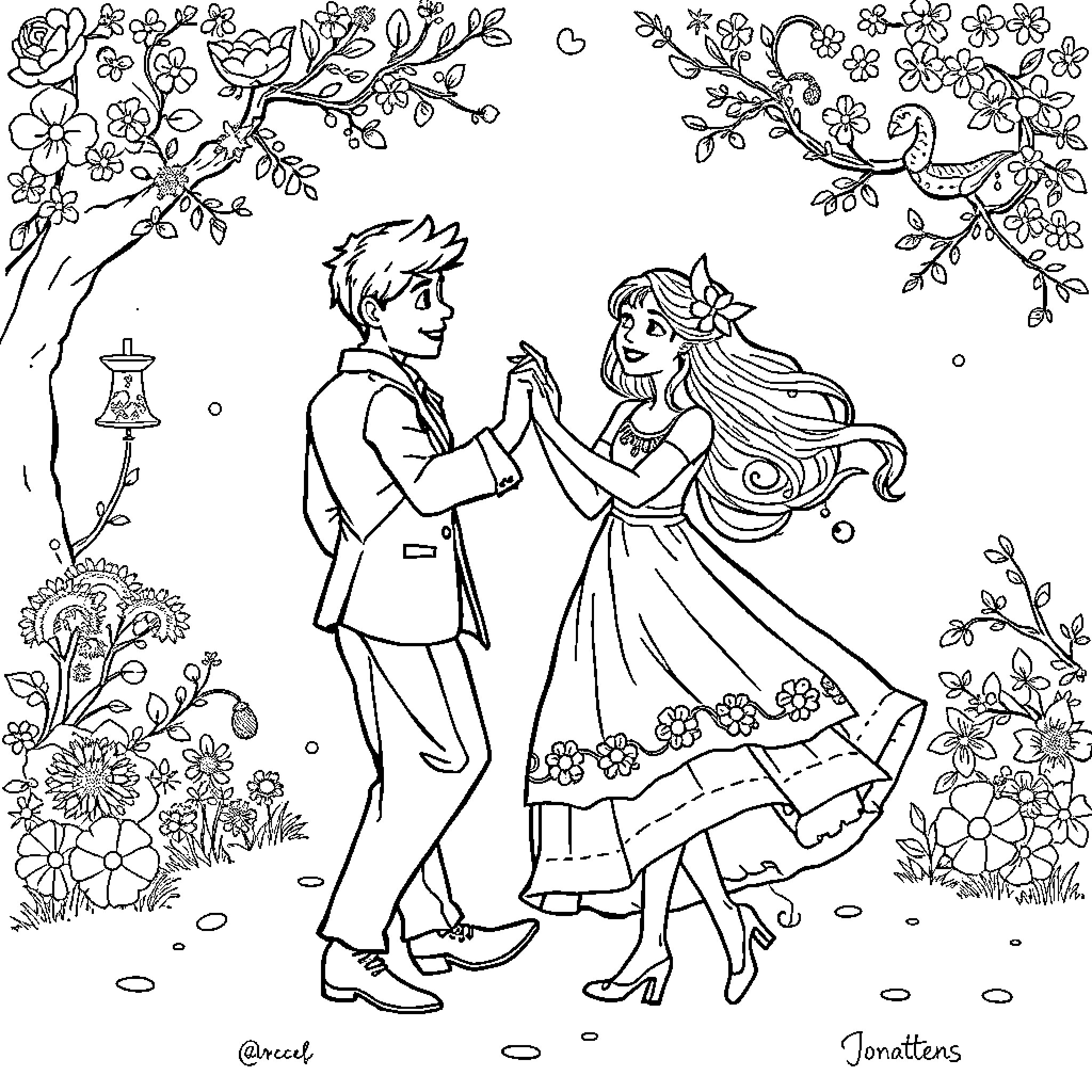 Child couple dancing in floral garden Coloring Page (free black-and-white line drawing printable PDF for all, from beginners to advanced learners, including children, teens, adults, and seniors)