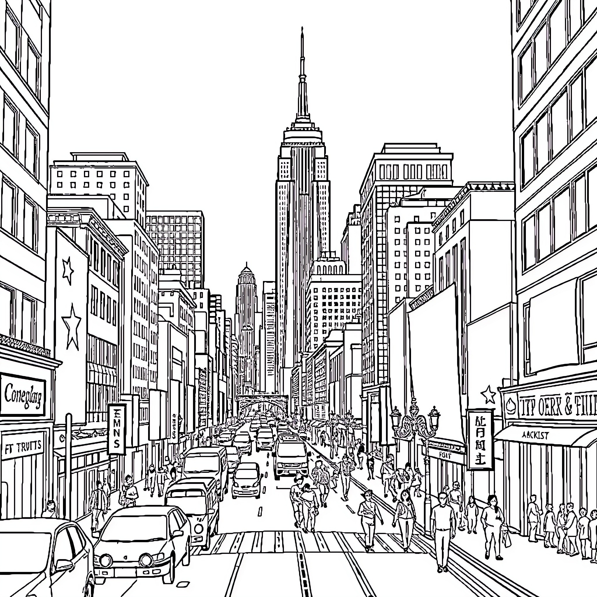 City bustling with people and traffic Coloring Page (free black-and-white line drawing printable PDF for all, from beginners to advanced learners, including children, teens, adults, and seniors)