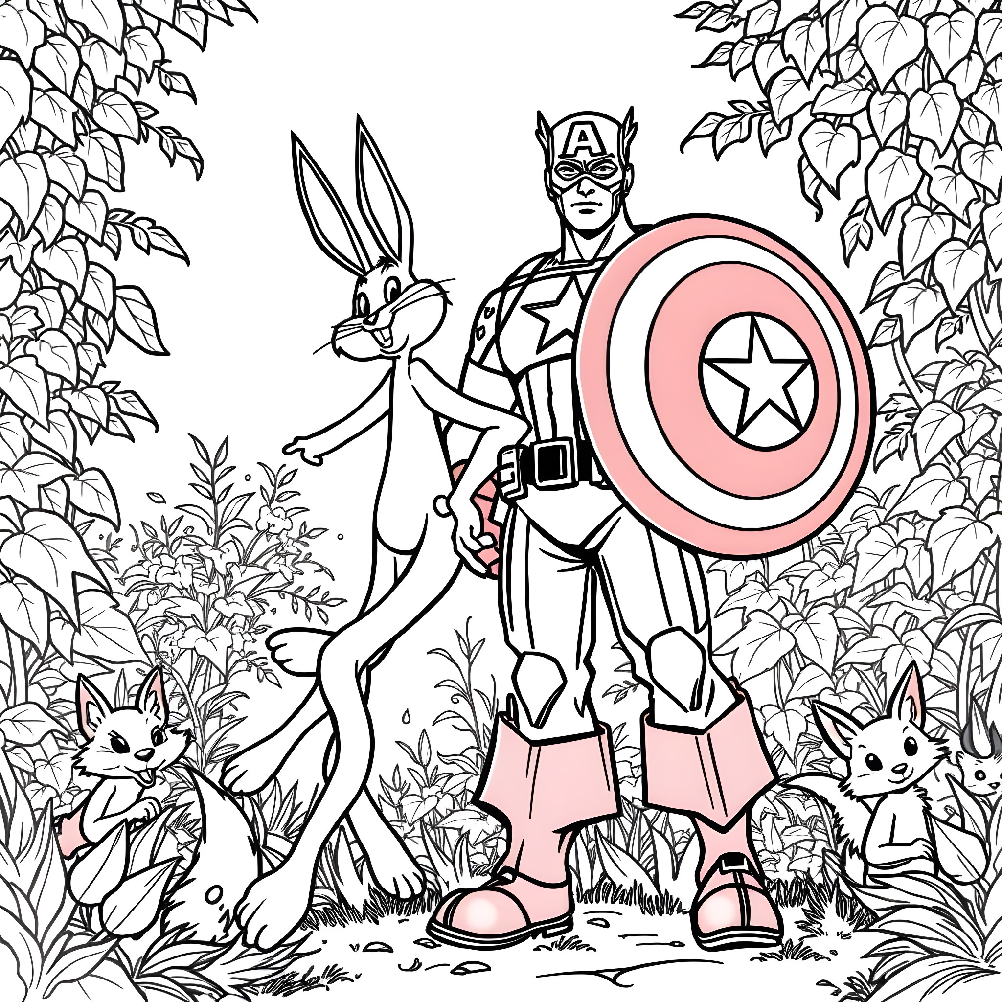 Captain America and Rabbit Friends in the Forest Coloring Page (free black-and-white line drawing printable PDF for all, from beginners to advanced learners, including children, teens, adults, and seniors)