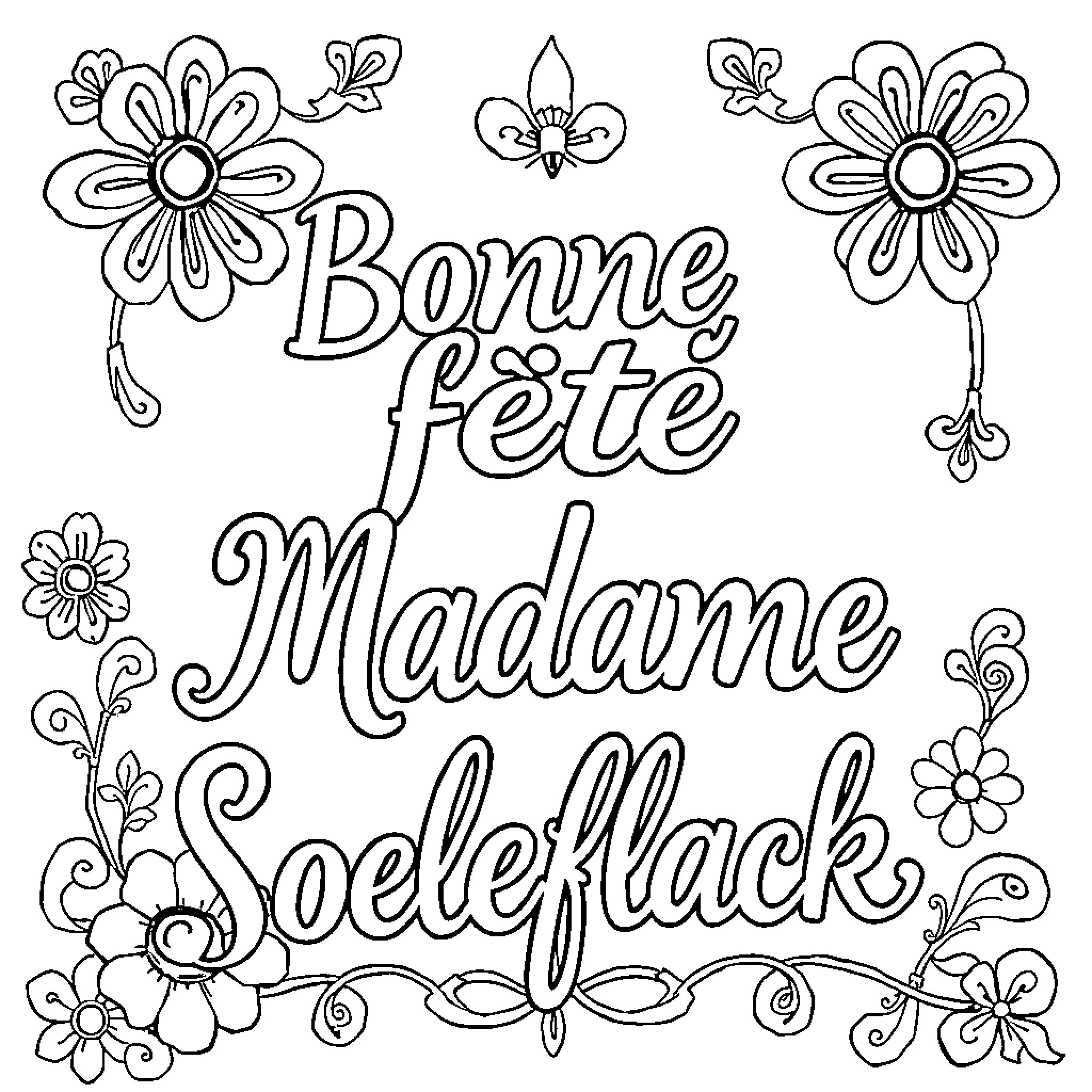 Madame Soleflack's Festive Floral Greetings Coloring Page (free black-and-white line drawing printable PDF for all, from beginners to advanced learners, including children, teens, adults, and seniors)