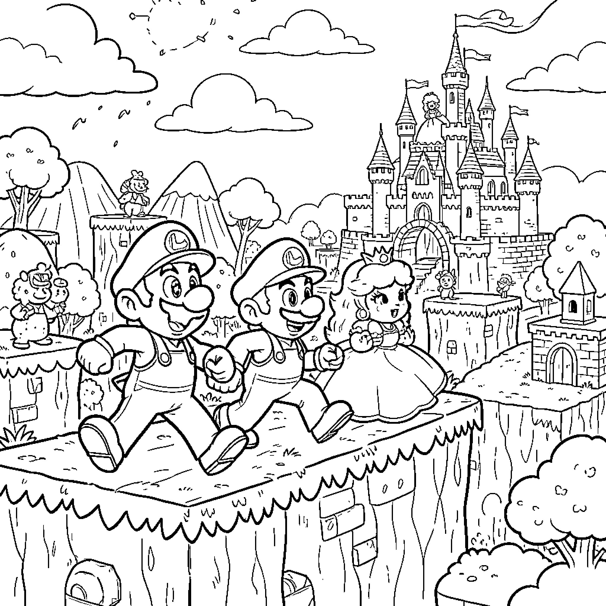 Mario and Friends Explore the Magical Kingdom Coloring Page (free black-and-white line drawing printable PDF for all, from beginners to advanced learners, including children, teens, adults, and seniors)