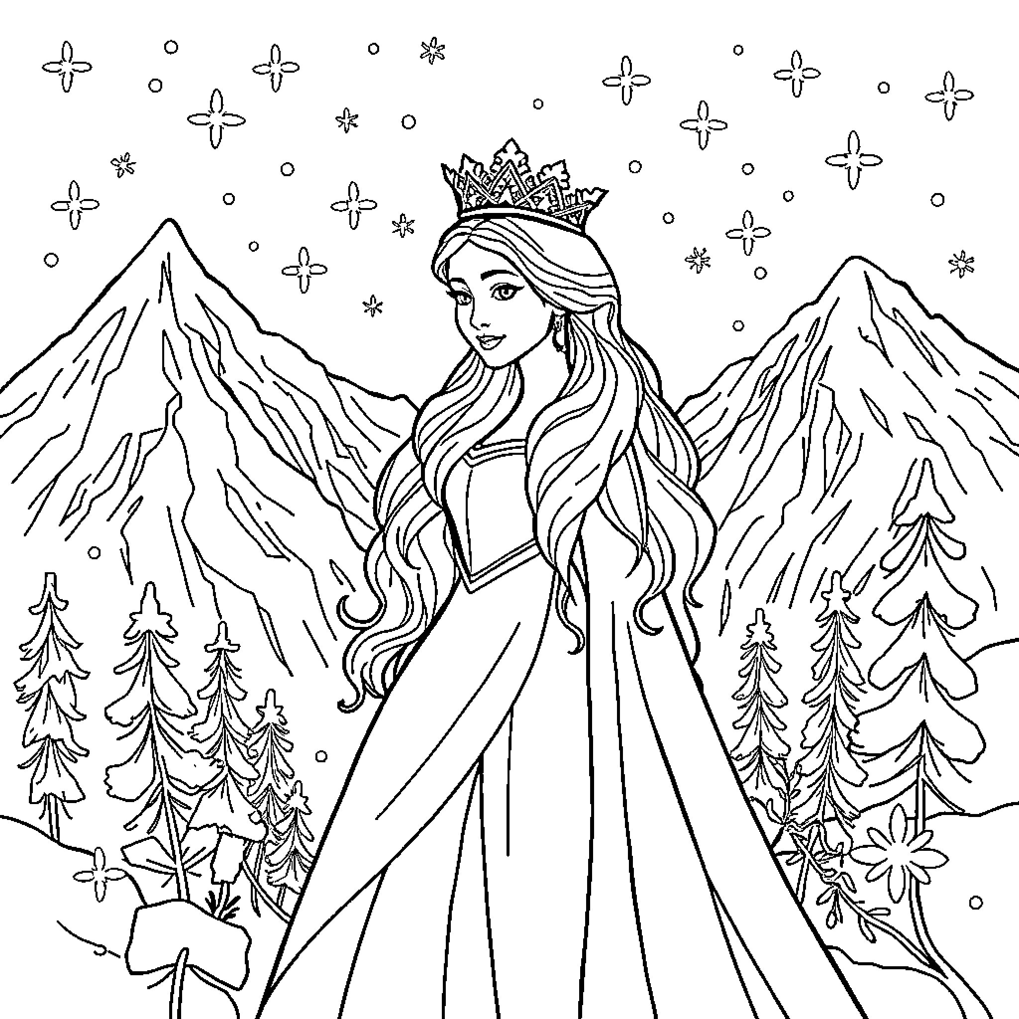 Snow Queen admiring the snowy mountain landscape Coloring Page (free black-and-white line drawing printable PDF for all, from beginners to advanced learners, including children, teens, adults, and seniors)