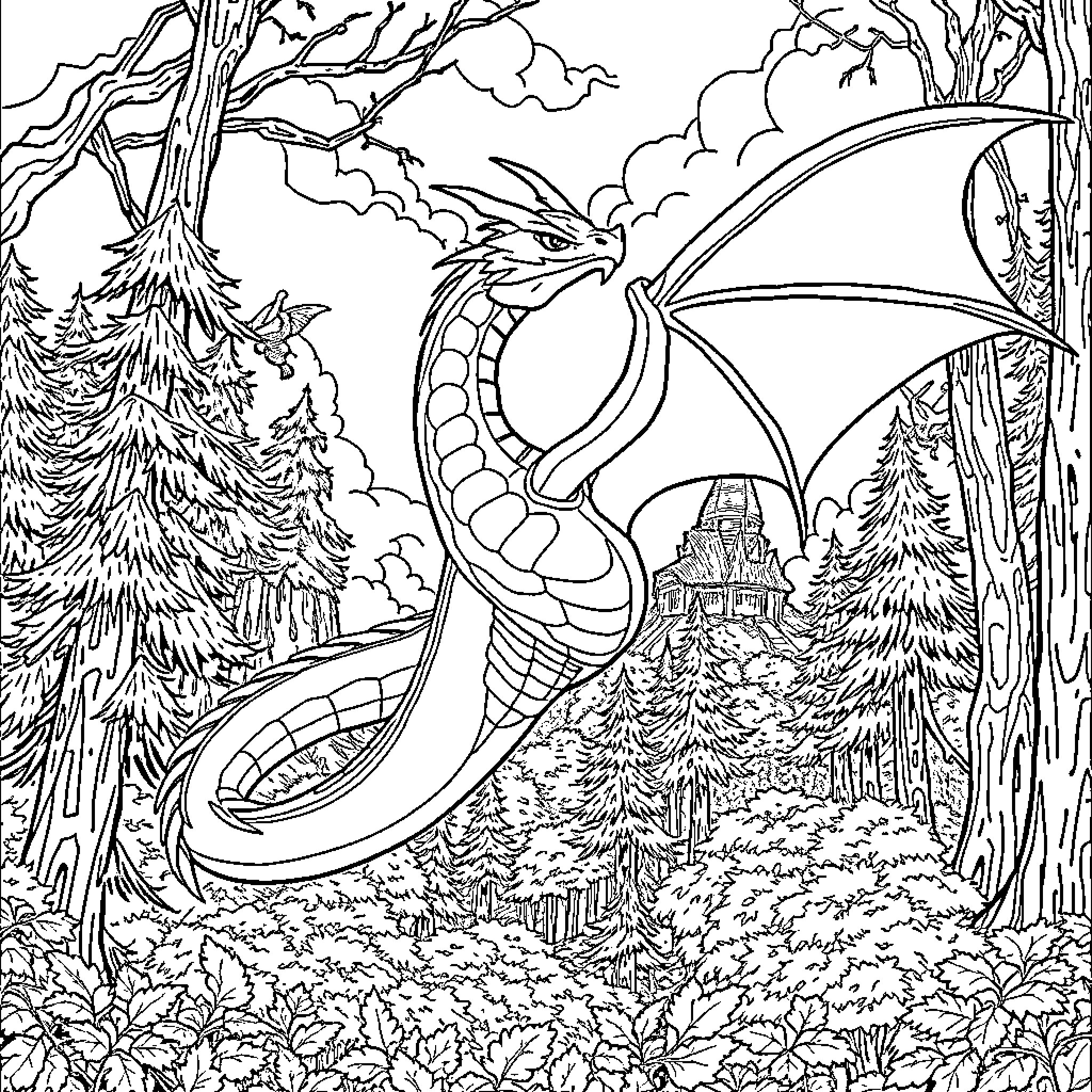 Ysera's Magnificent Dragon in Enchanted Forest Coloring Page (free black-and-white line drawing printable PDF for all, from beginners to advanced learners, including children, teens, adults, and seniors)