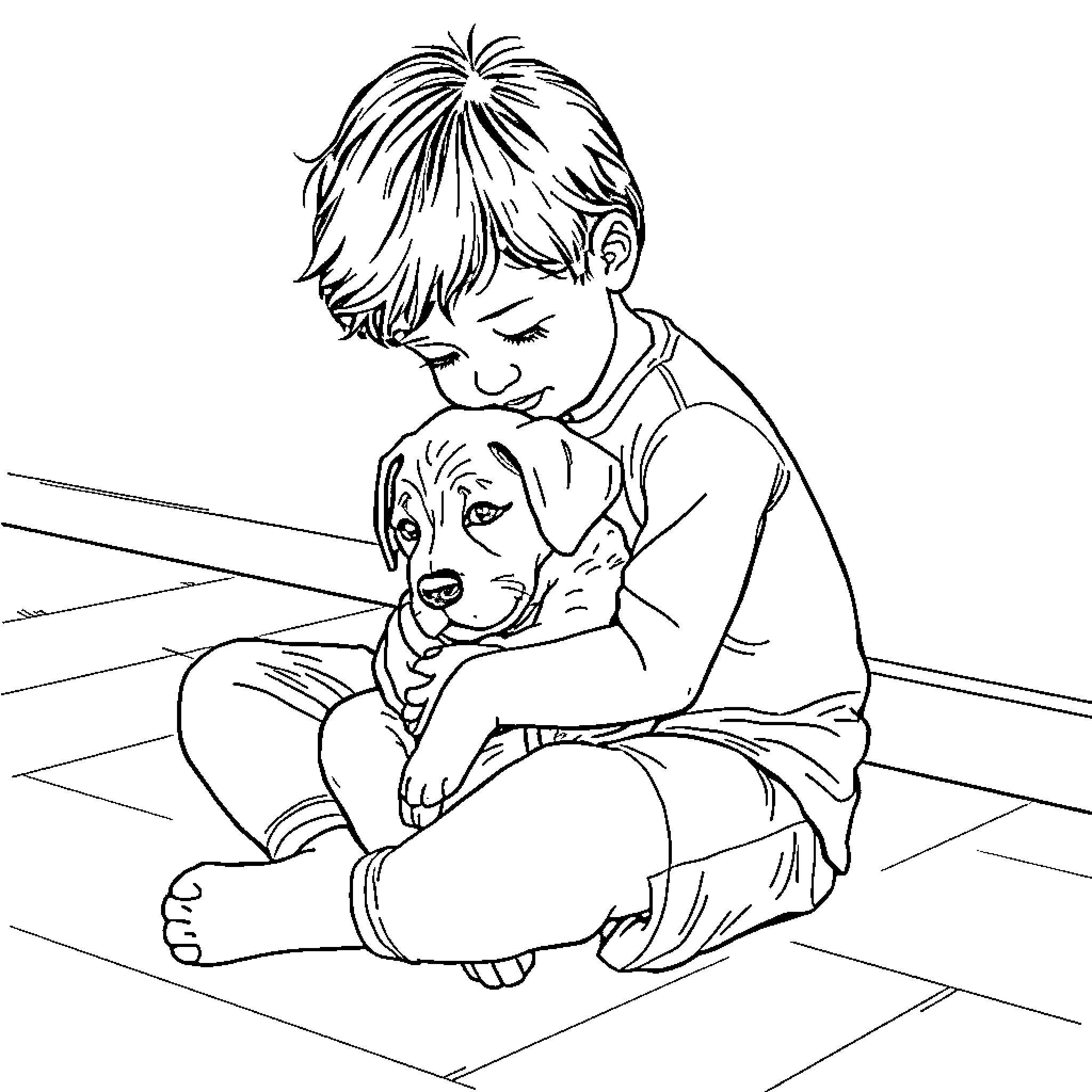 Child affectionately embracing pet dog Coloring Page (free black-and-white line drawing printable PDF for all, from beginners to advanced learners, including children, teens, adults, and seniors)